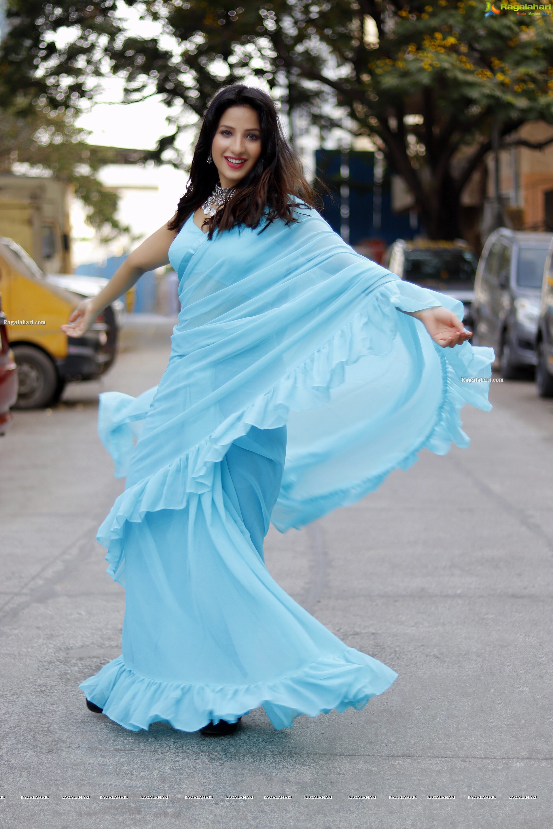 Shunaya Solanki in Blue Ruffle Saree, HD Photo Gallery