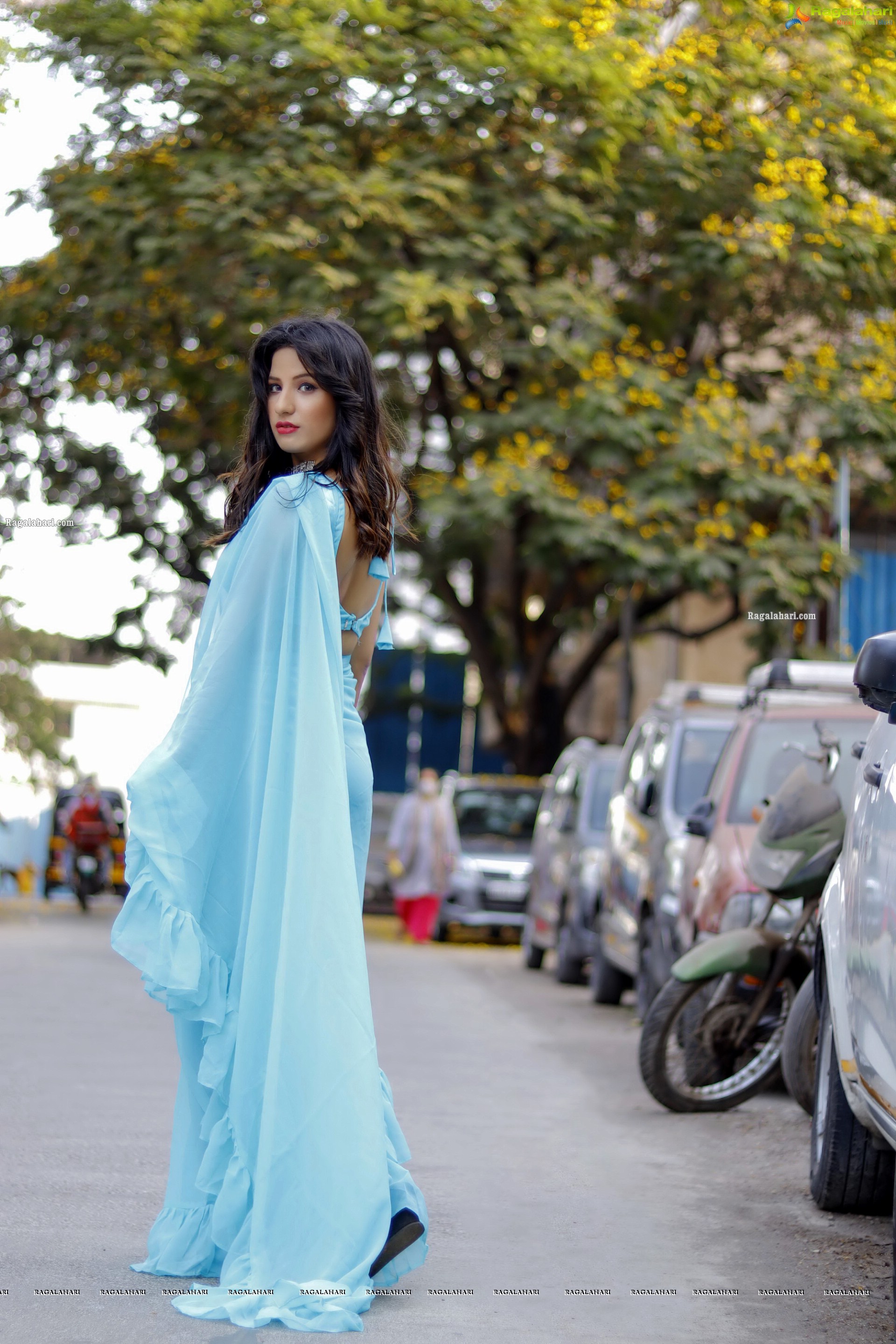 Shunaya Solanki in Blue Ruffle Saree, HD Photo Gallery