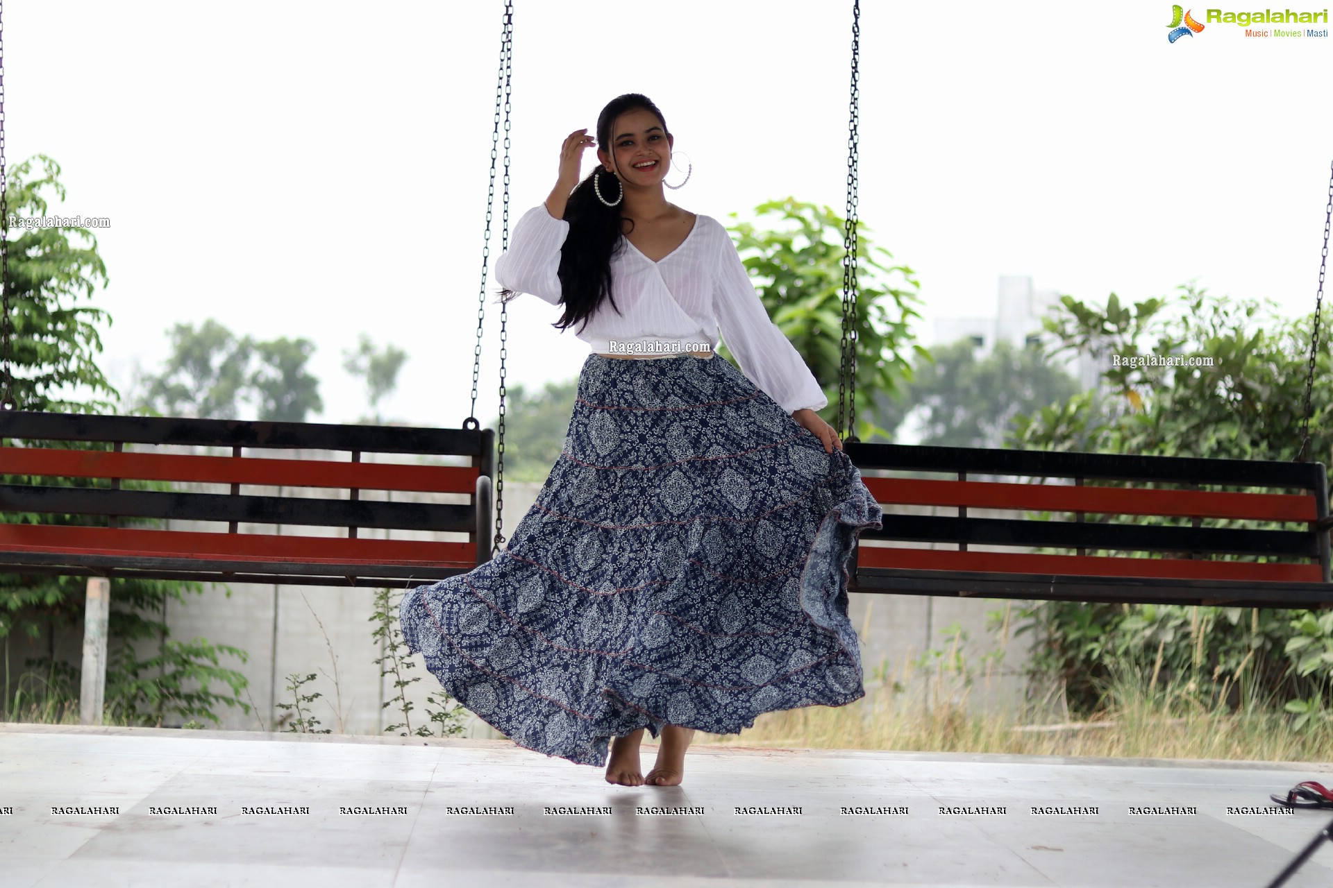 Vaanya Aggarwal in Blue Printed Maxi Skirt and White Top, HD Photo Gallery
