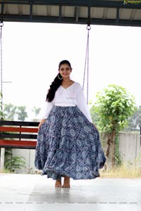 Vaanya Aggarwal in Blue Printed Maxi Skirt and White Top