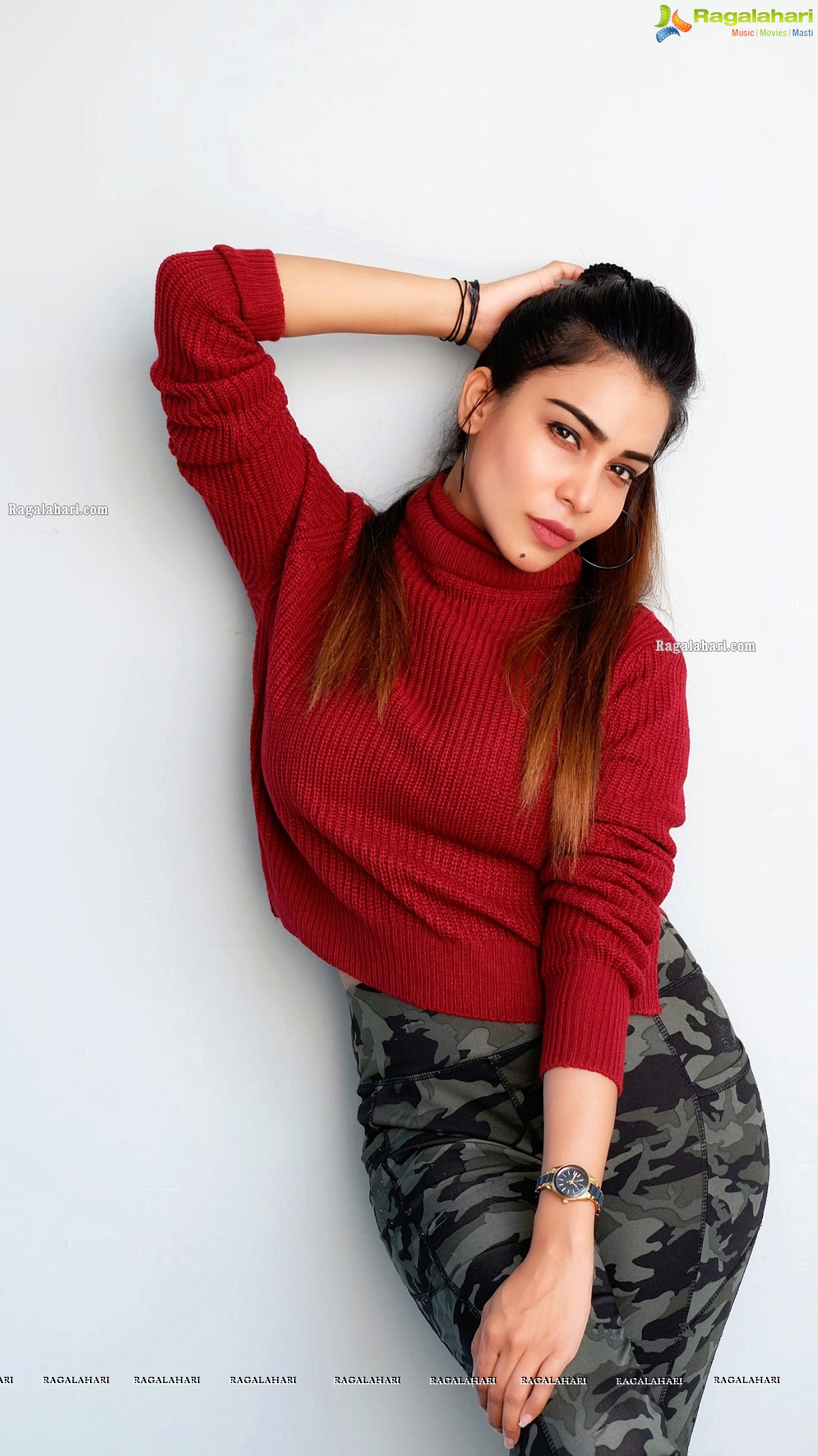 Sanjana Anne in Red Turtle Neck Rib-knit Top and Camo Cargo Pants, Photo Gallery