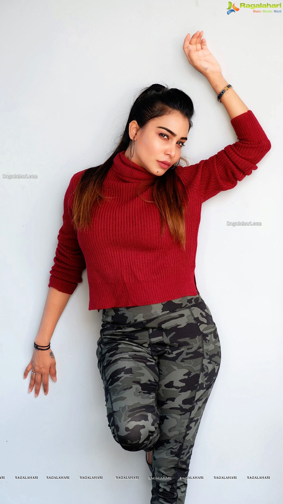 Sanjana Anne in Red Turtle Neck Rib-knit Top and Camo Cargo Pants, Photo Gallery