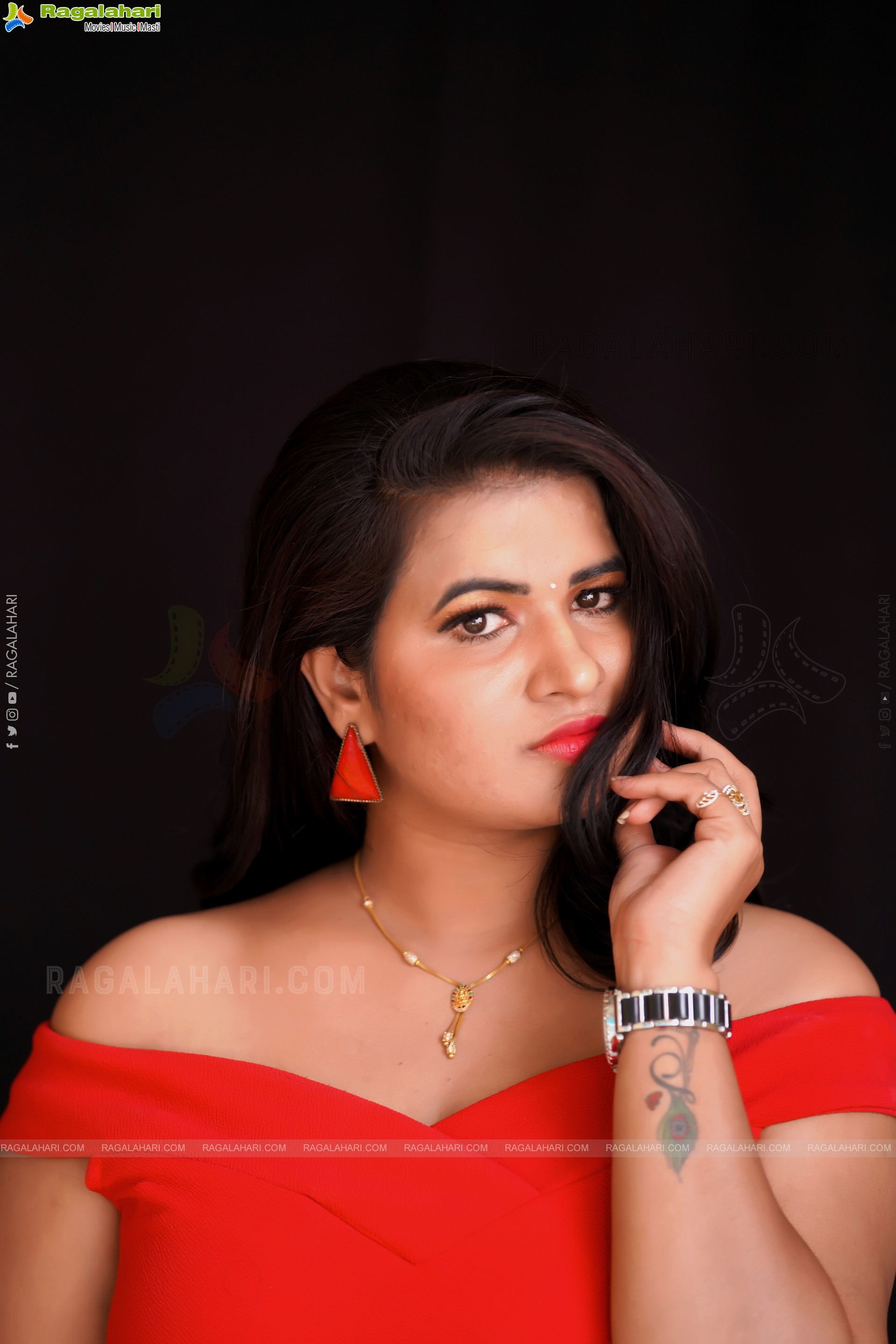 Anusha Venugopal in Red Off The Shoulder Bodycon Dress, Exclusive Photoshoot