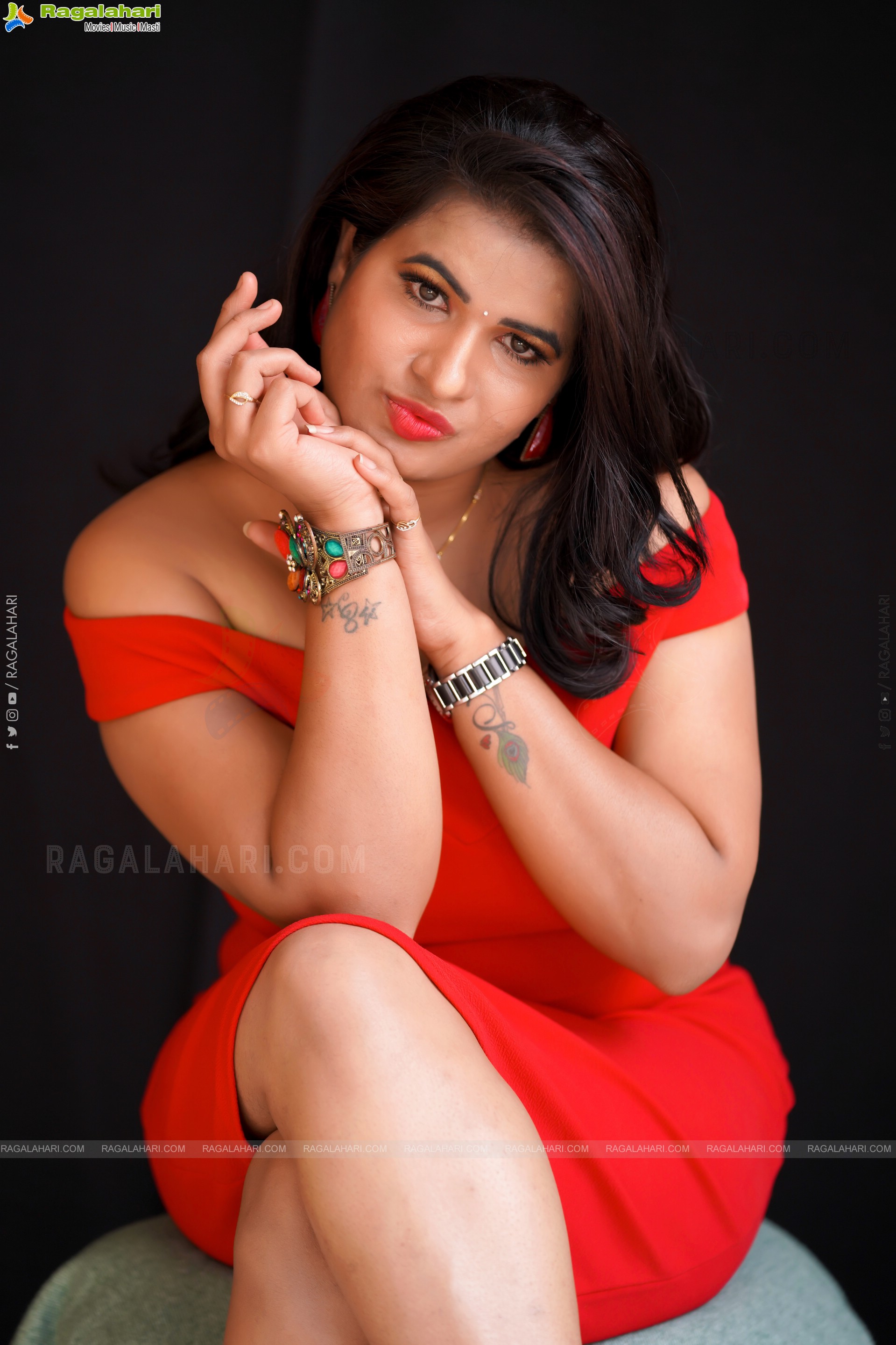 Anusha Venugopal in Red Off The Shoulder Bodycon Dress, Exclusive Photoshoot