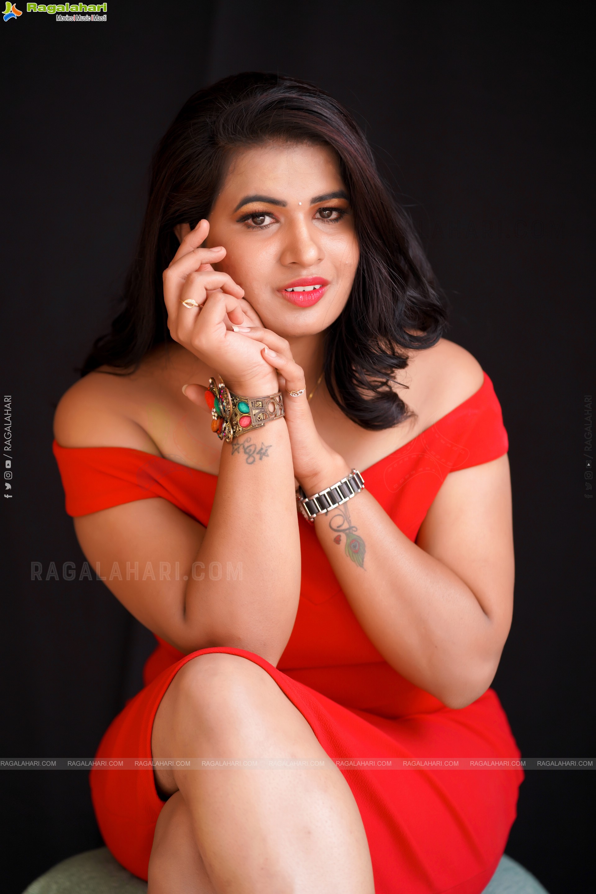 Anusha Venugopal in Red Off The Shoulder Bodycon Dress, Exclusive Photoshoot