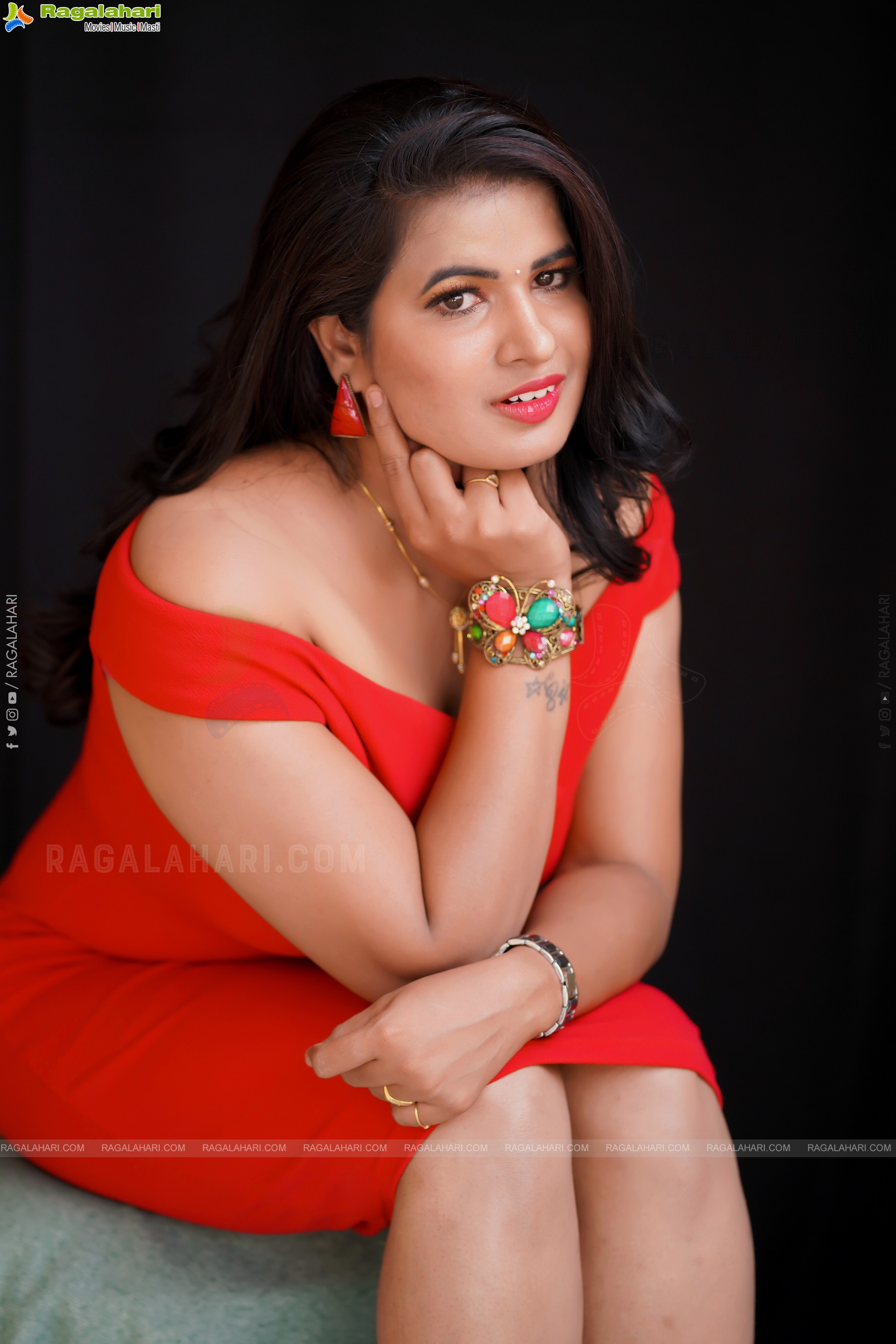 Anusha Venugopal in Red Off The Shoulder Bodycon Dress, Exclusive Photoshoot