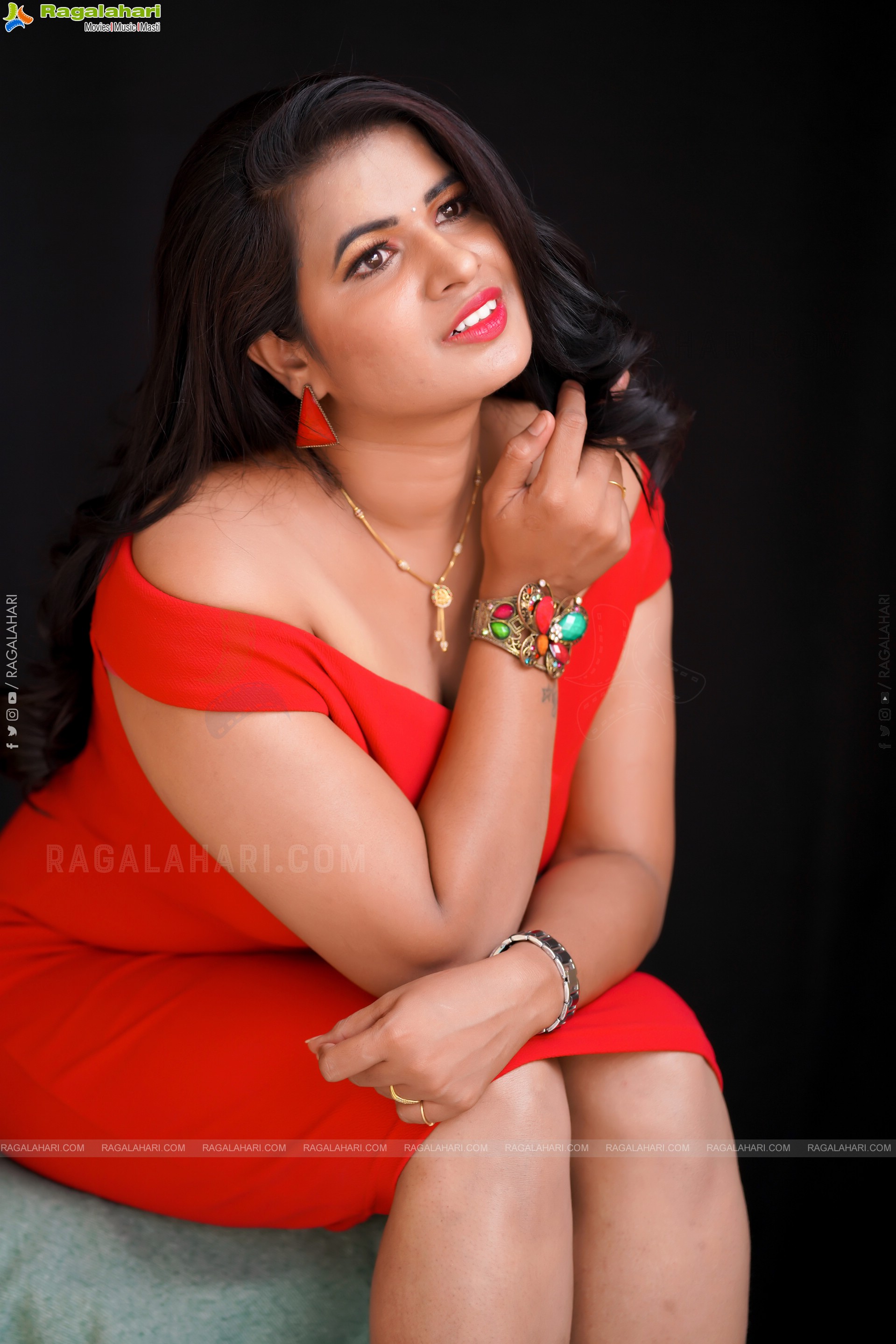 Anusha Venugopal in Red Off The Shoulder Bodycon Dress, Exclusive Photoshoot