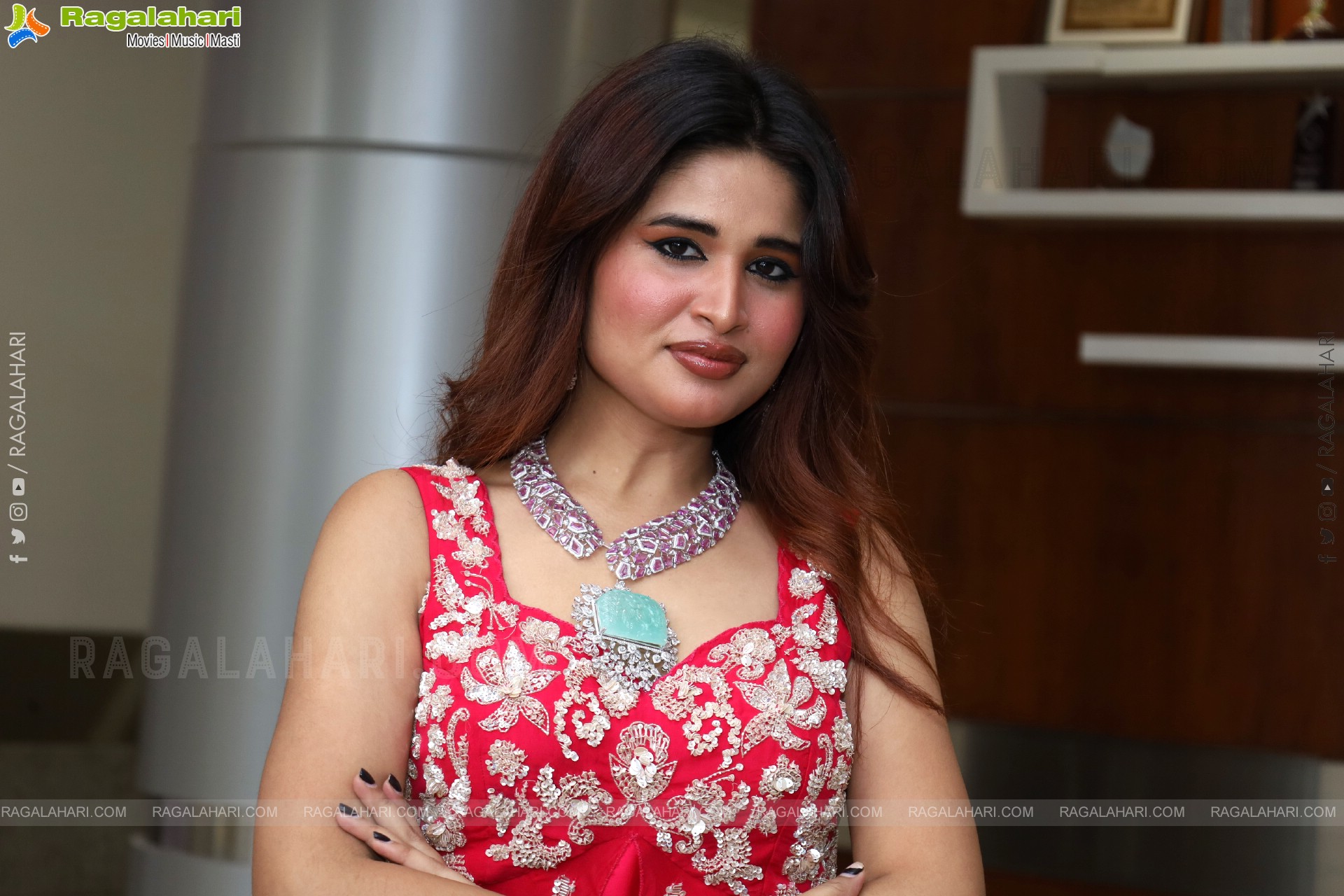 Ishika Roy in Red Embellished Designer Dress, HD Photo Gallery