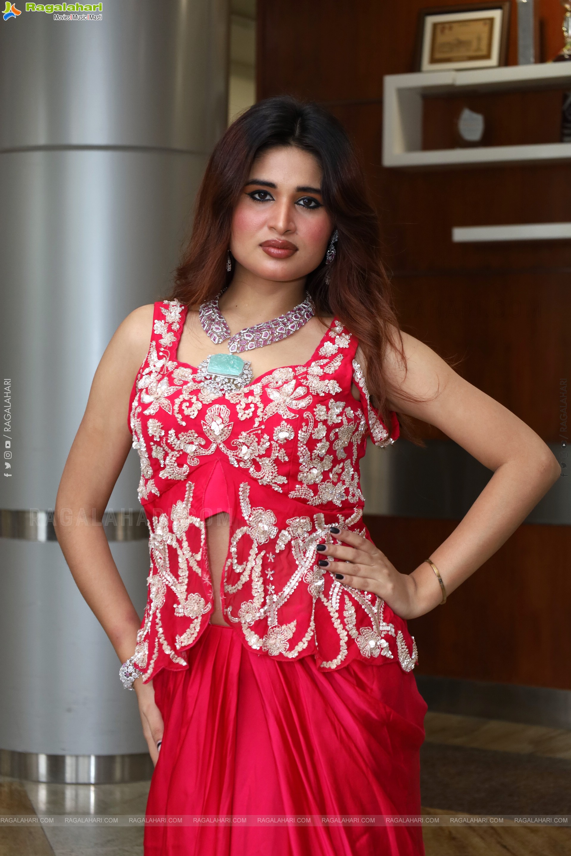 Ishika Roy in Red Embellished Designer Dress, HD Photo Gallery