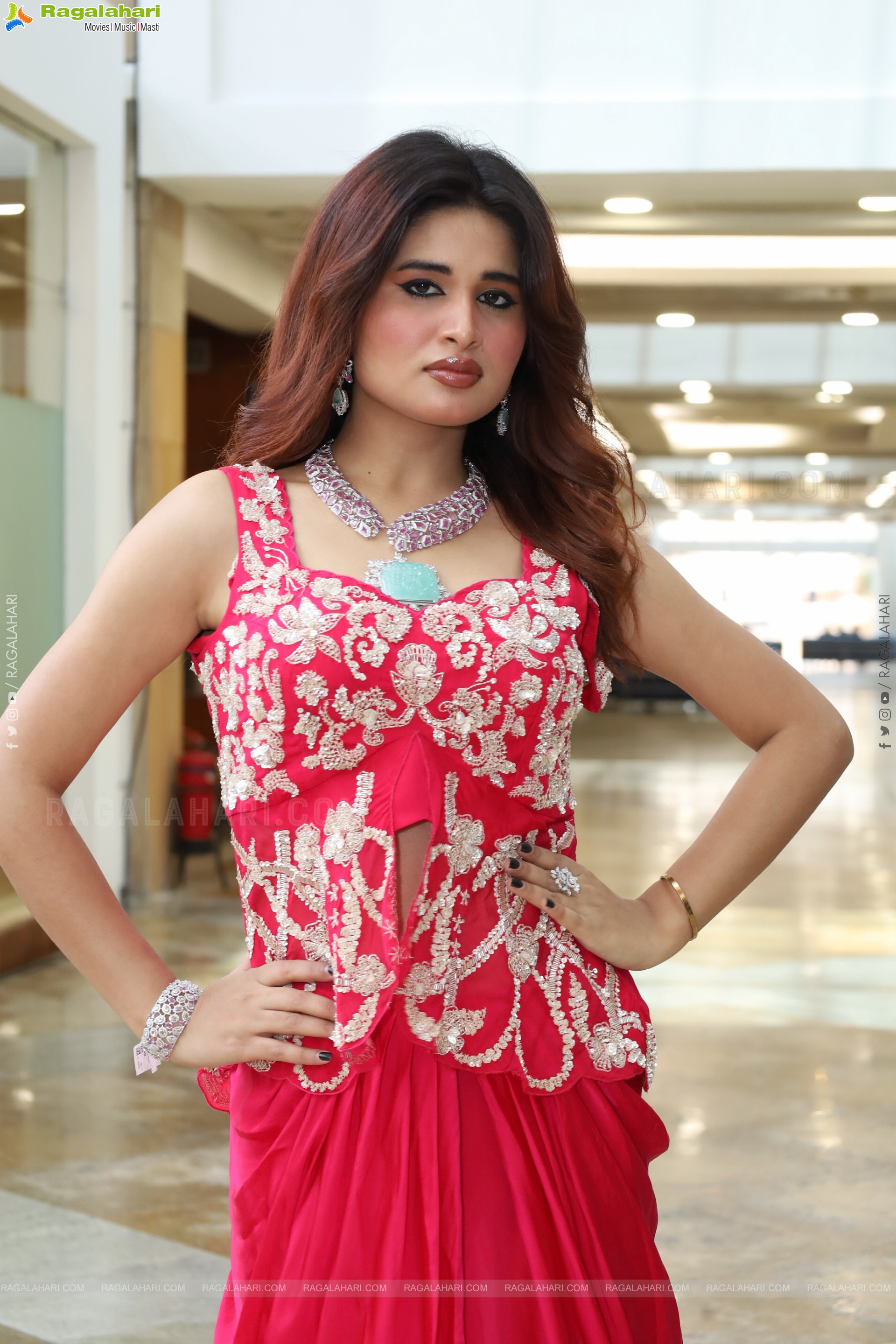 Ishika Roy in Red Embellished Designer Dress, HD Photo Gallery
