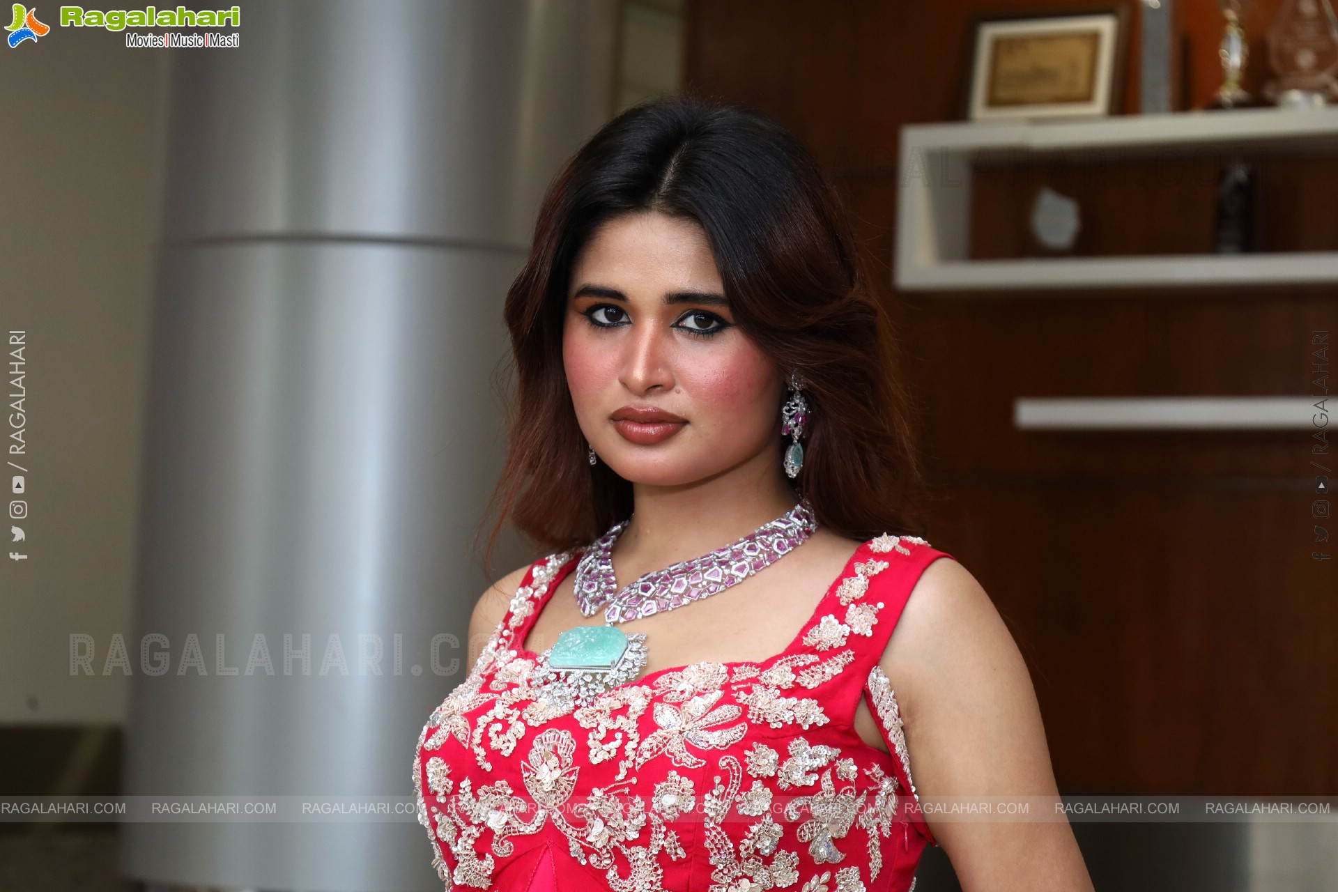 Ishika Roy in Red Embellished Designer Dress, HD Photo Gallery