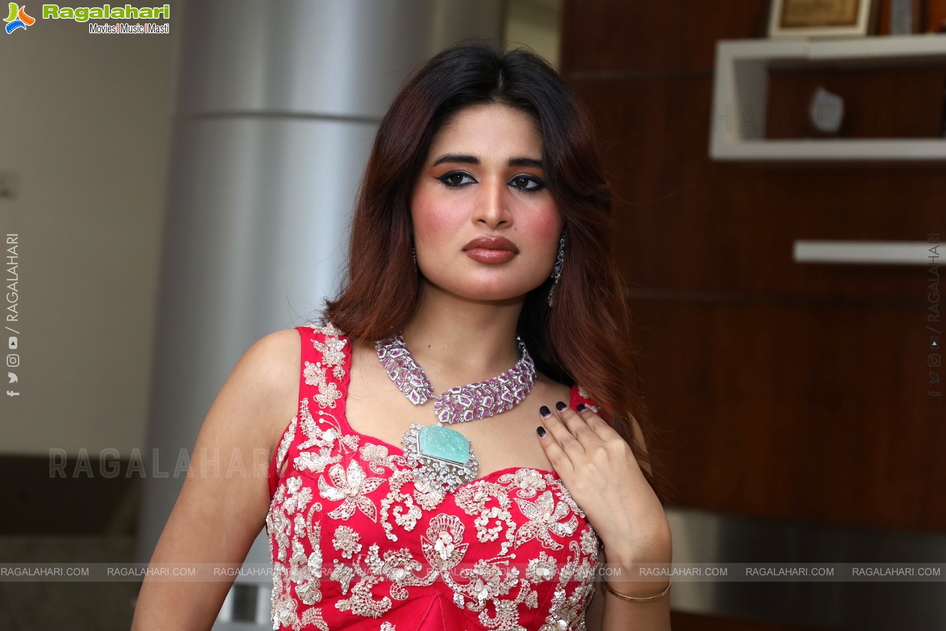 Ishika Roy in Red Embellished Designer Dress, HD Photo Gallery