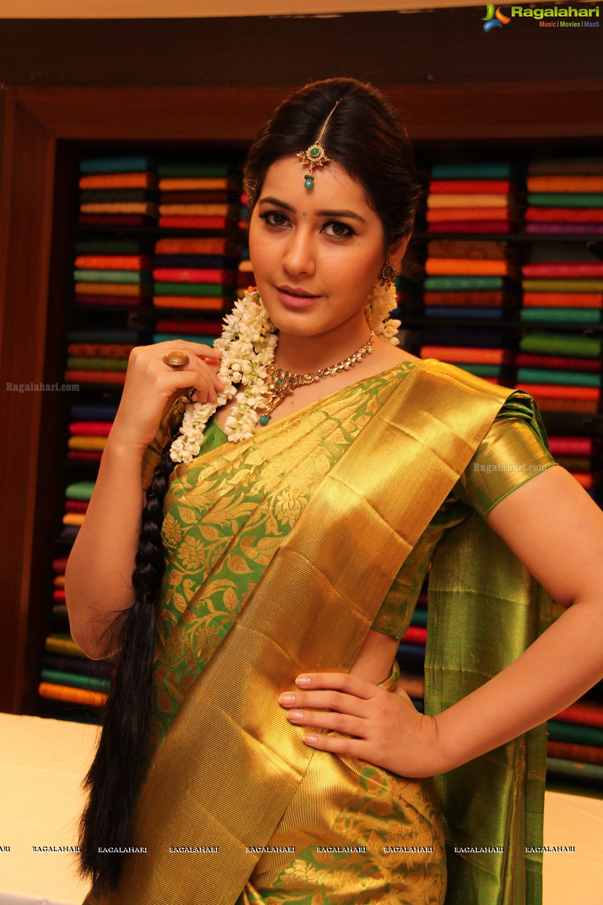 Rashi Khanna Green Pattu Saree Photos