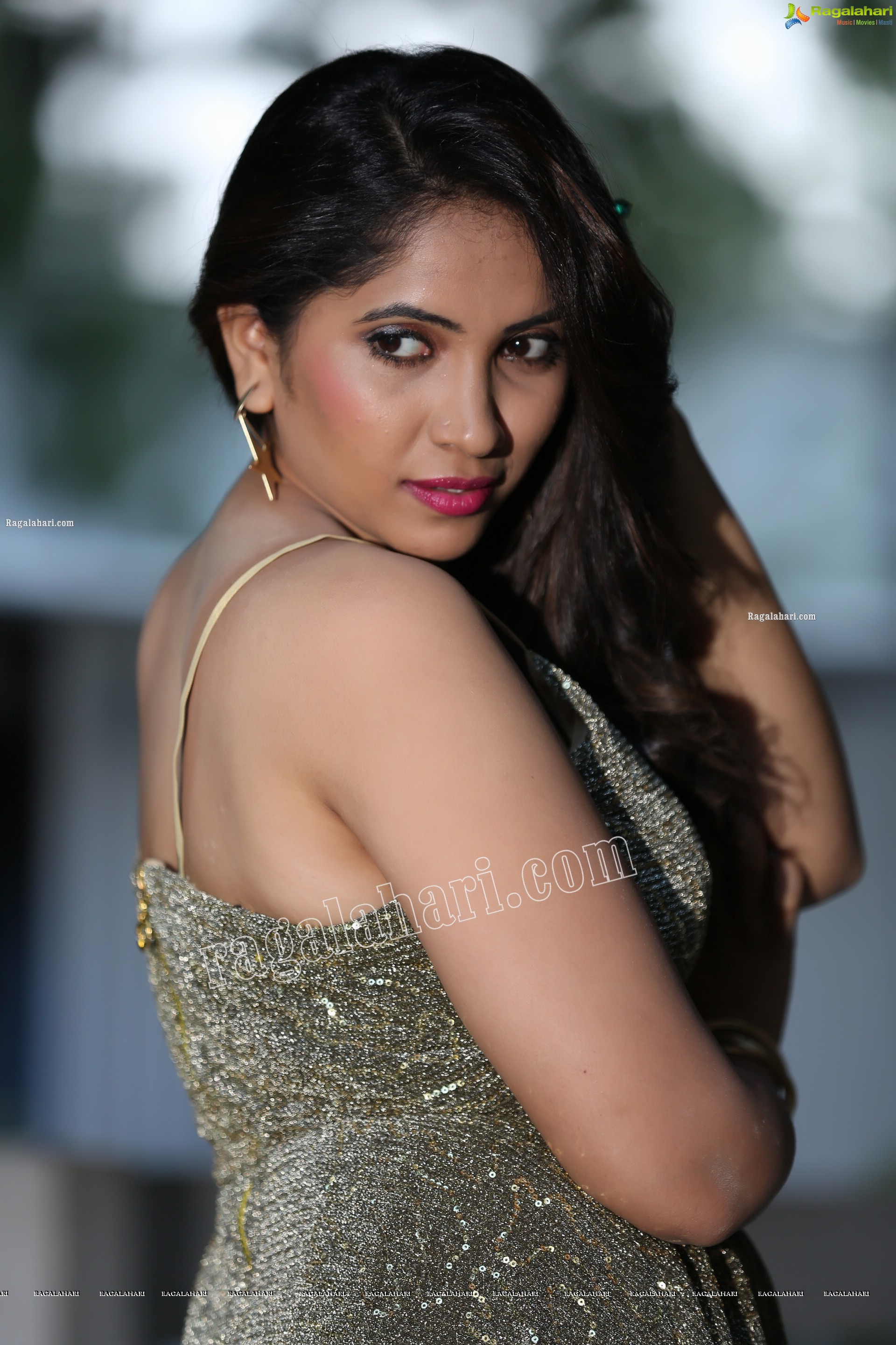 Anchor Indu in Gray Glitter-Knit Long Dress Exclusive Photo Shoot