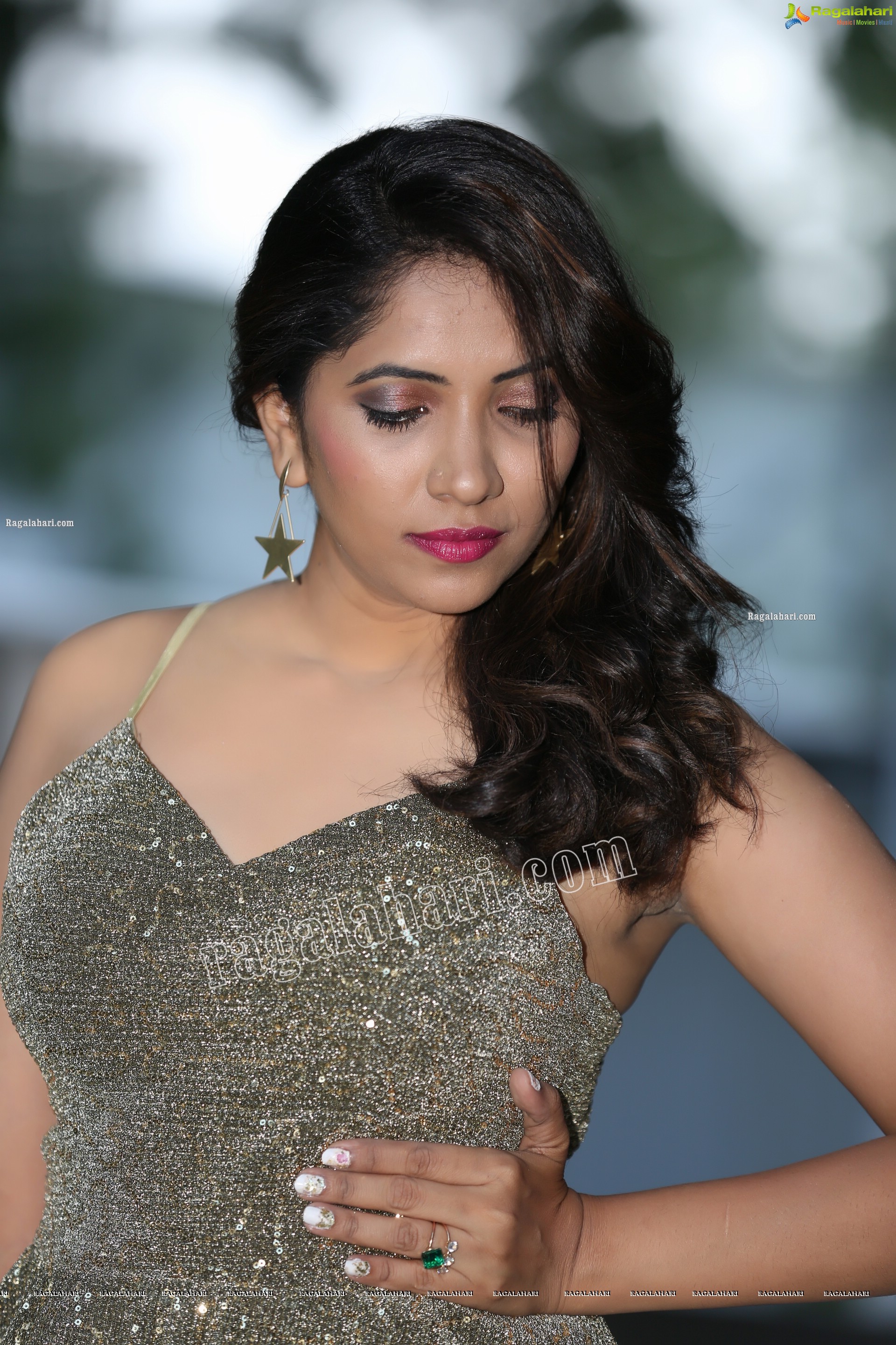 Anchor Indu in Gray Glitter-Knit Long Dress Exclusive Photo Shoot