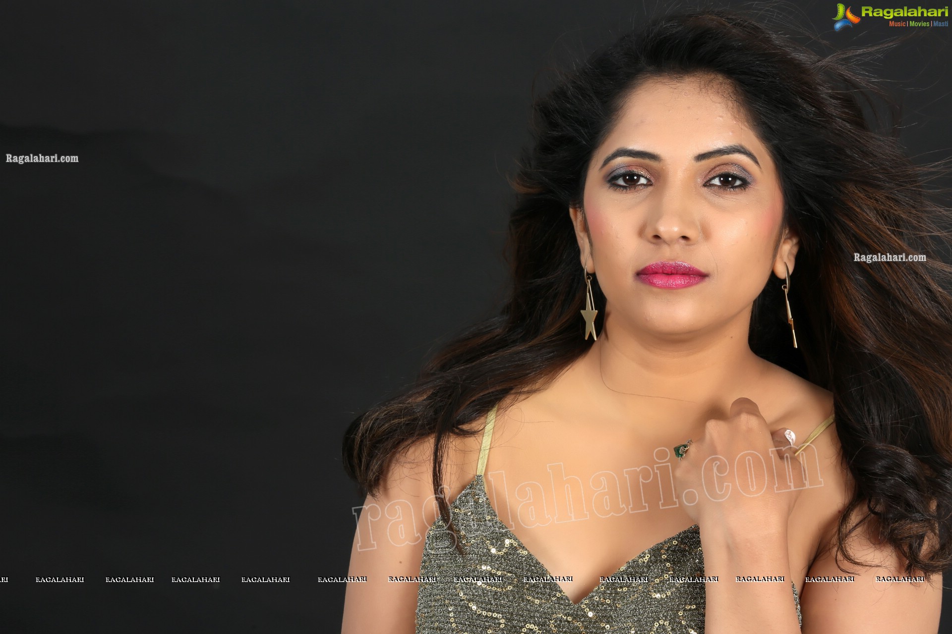 Anchor Indu in Gray Glitter-Knit Long Dress Exclusive Photo Shoot