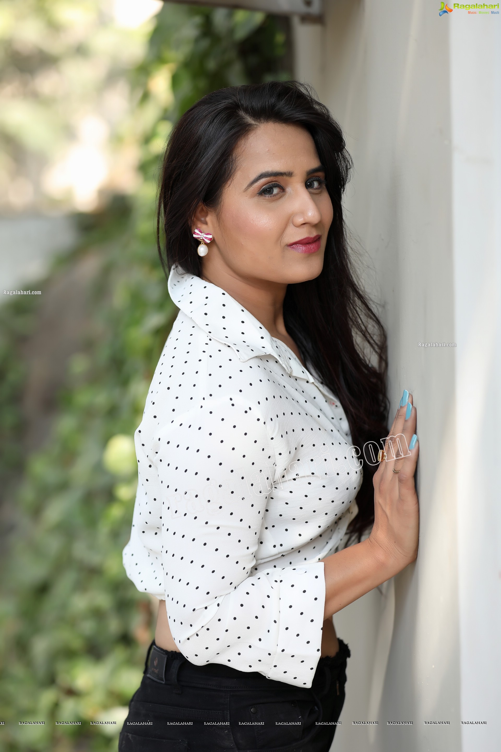 Preyasi Jiggar in White Polka Dots Knot Front Shirt With Black Jeans, Exclusive Photo Shoot