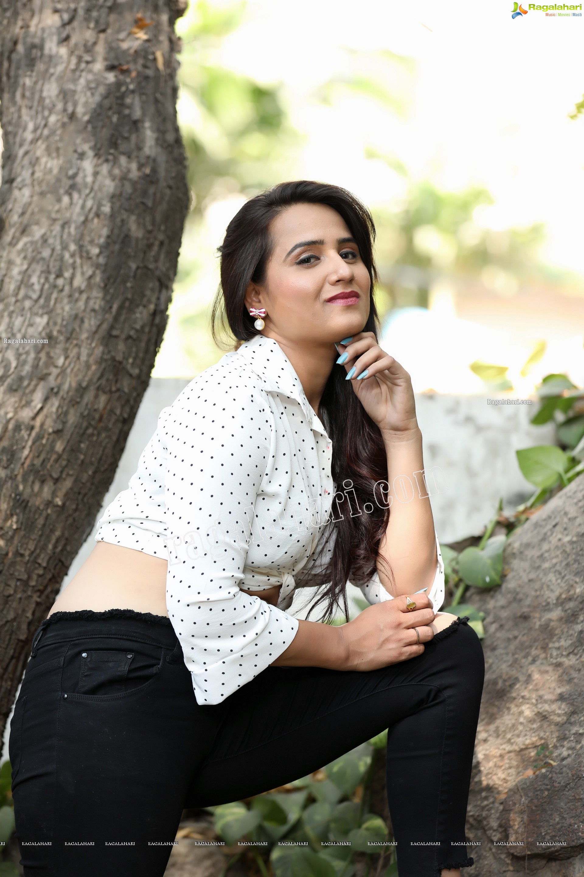 Preyasi Jiggar in White Polka Dots Knot Front Shirt With Black Jeans, Exclusive Photo Shoot