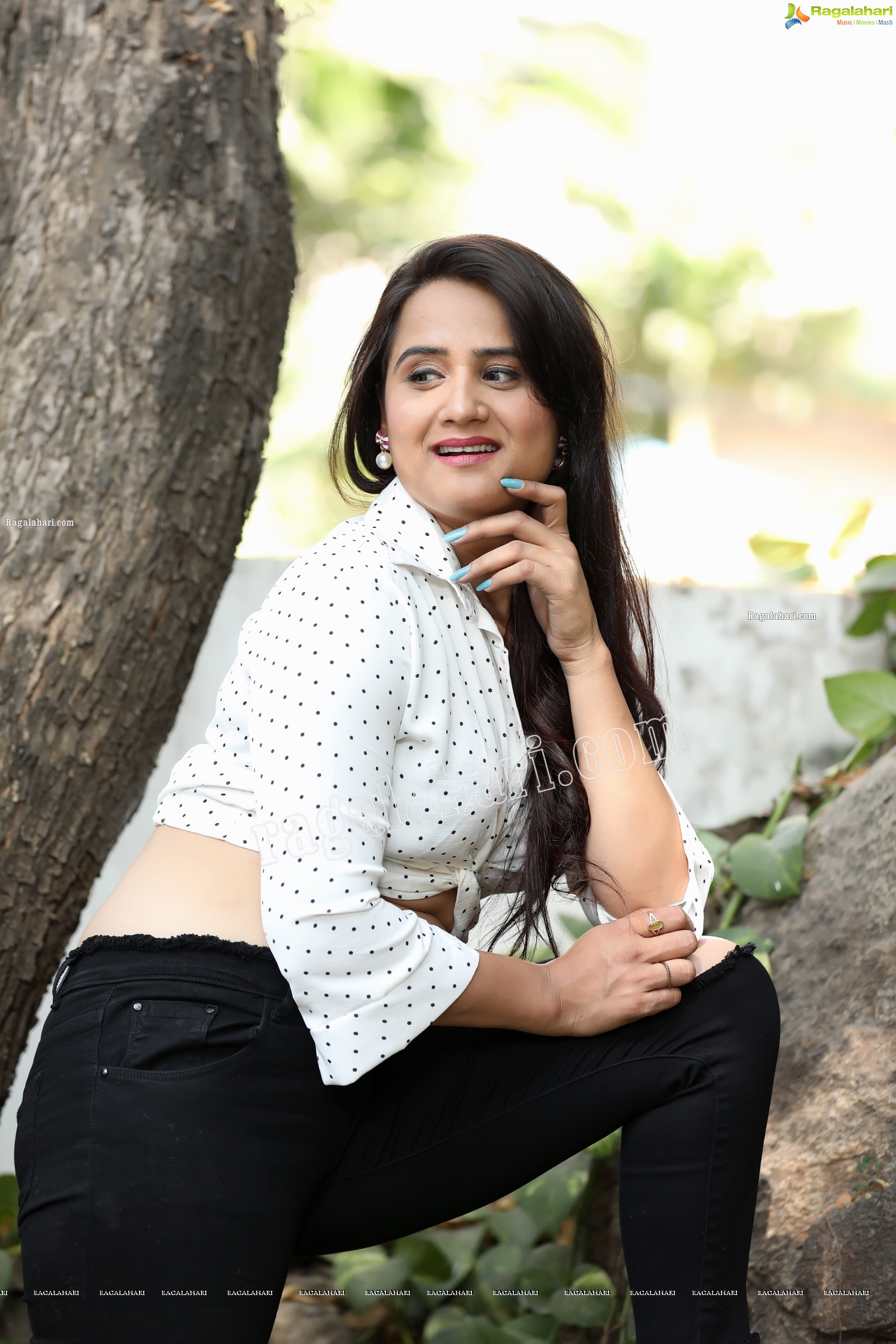 Preyasi Jiggar in White Polka Dots Knot Front Shirt With Black Jeans, Exclusive Photo Shoot