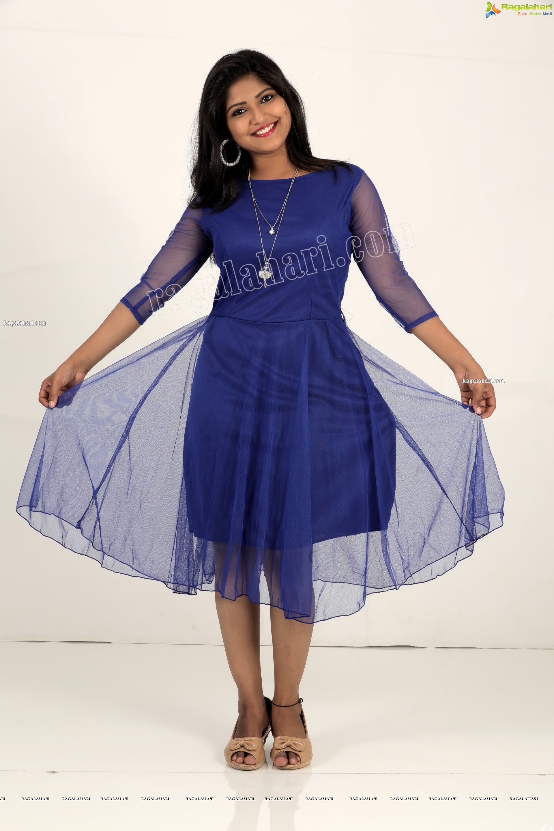 Shabeena Shaik in Royal Blue Colour A-Line Net Dress Exclusive Photo Shoot