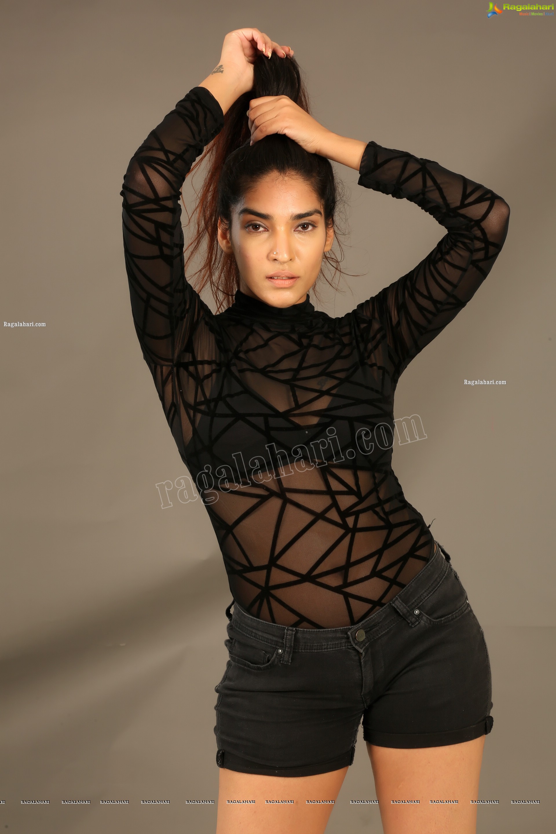 Supraja Narayan in Black Lace Top and Shorts, Exclusive Photo Shoot