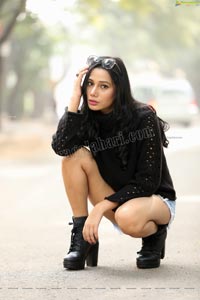 Tueeshaa in Black Turtle Neck T-Shirt and Denim Shorts