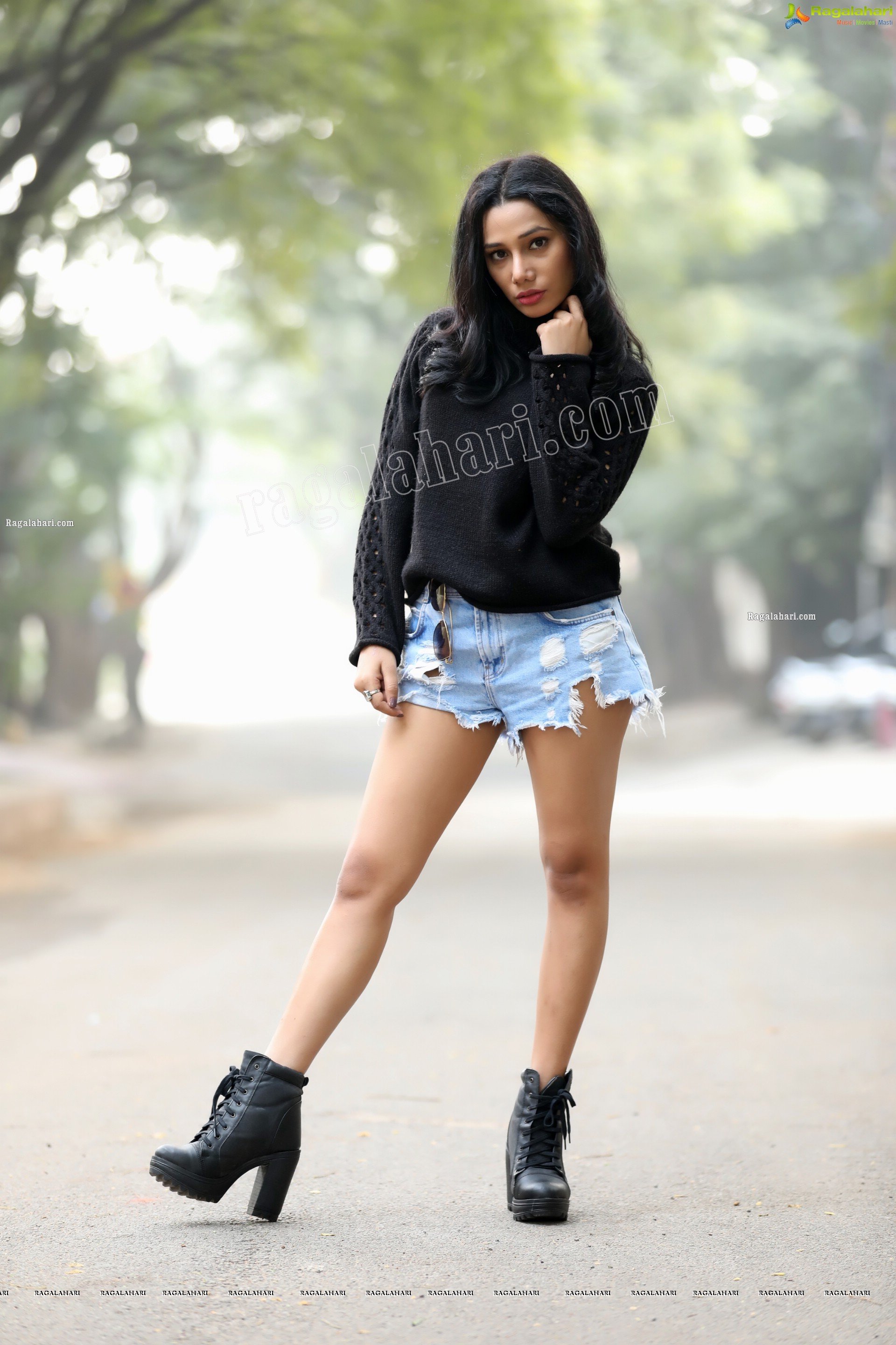 Tueeshaa in Black Turtle Neck T-Shirt and Denim Shorts Exclusive Photo Shoot
