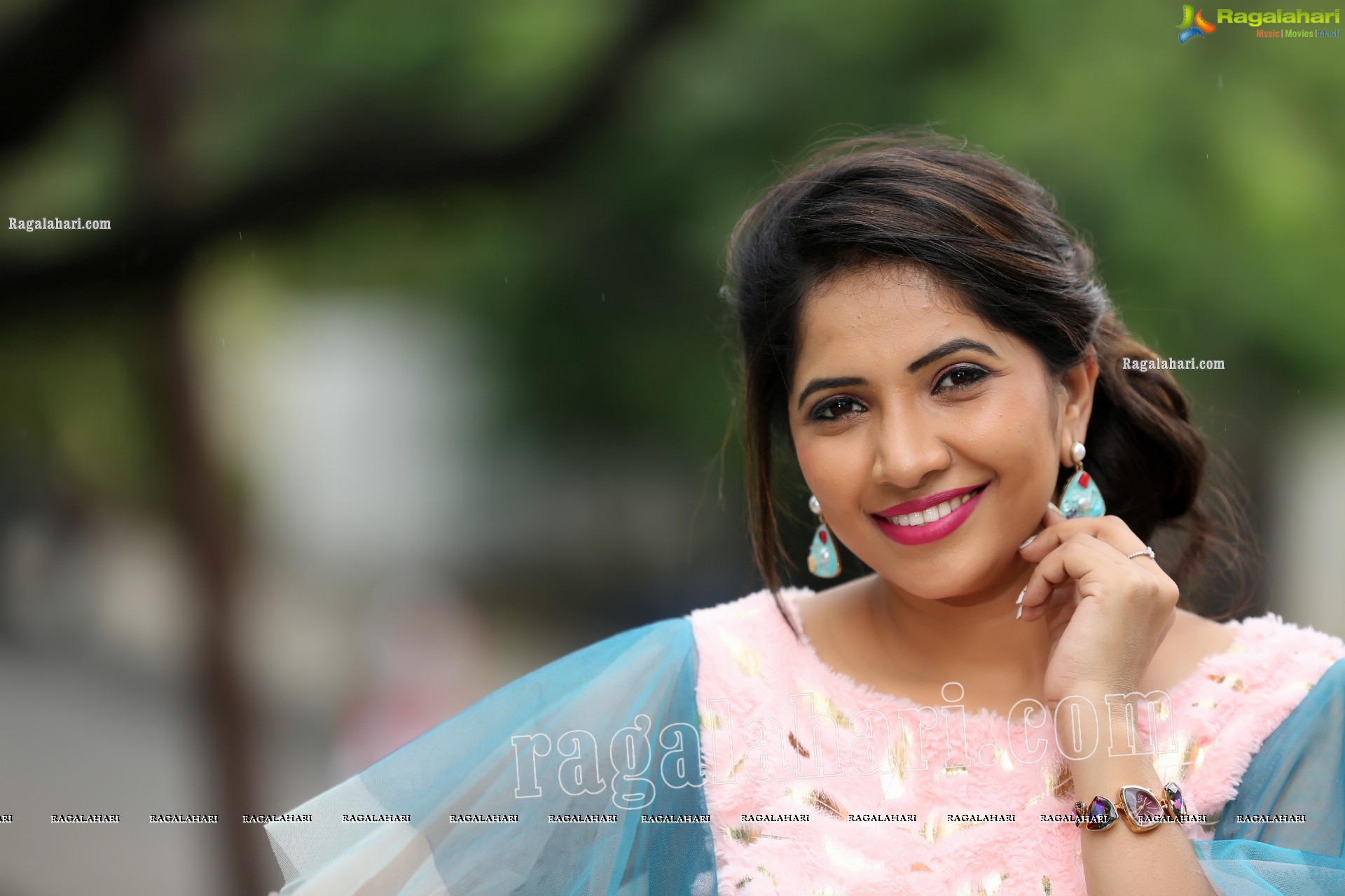 Indu in Bell Sleeves Pink Crop Top and Sky Blue Net Lehenga Exclusive Photo Shoot