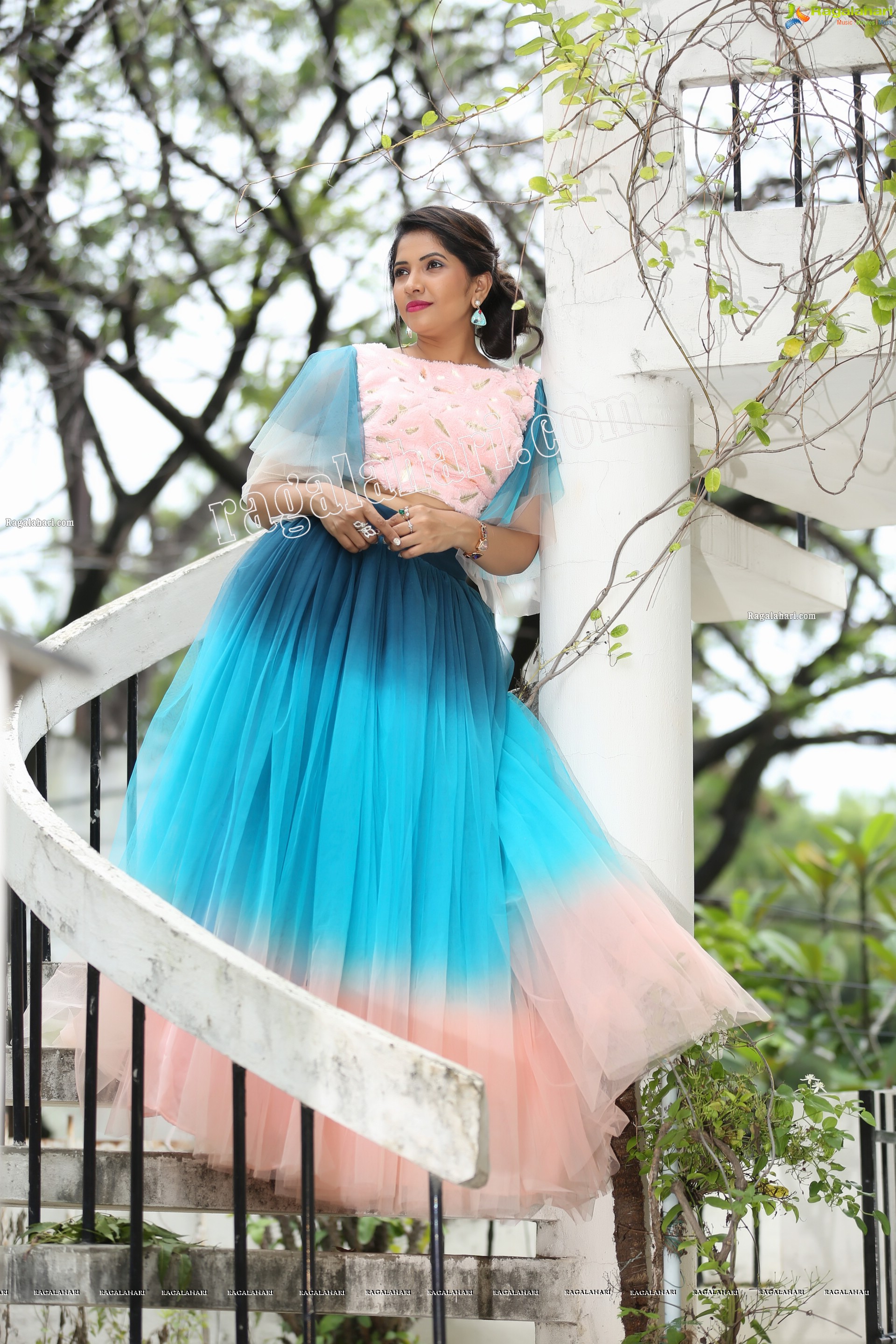 Indu in Bell Sleeves Pink Crop Top and Sky Blue Net Lehenga Exclusive Photo Shoot