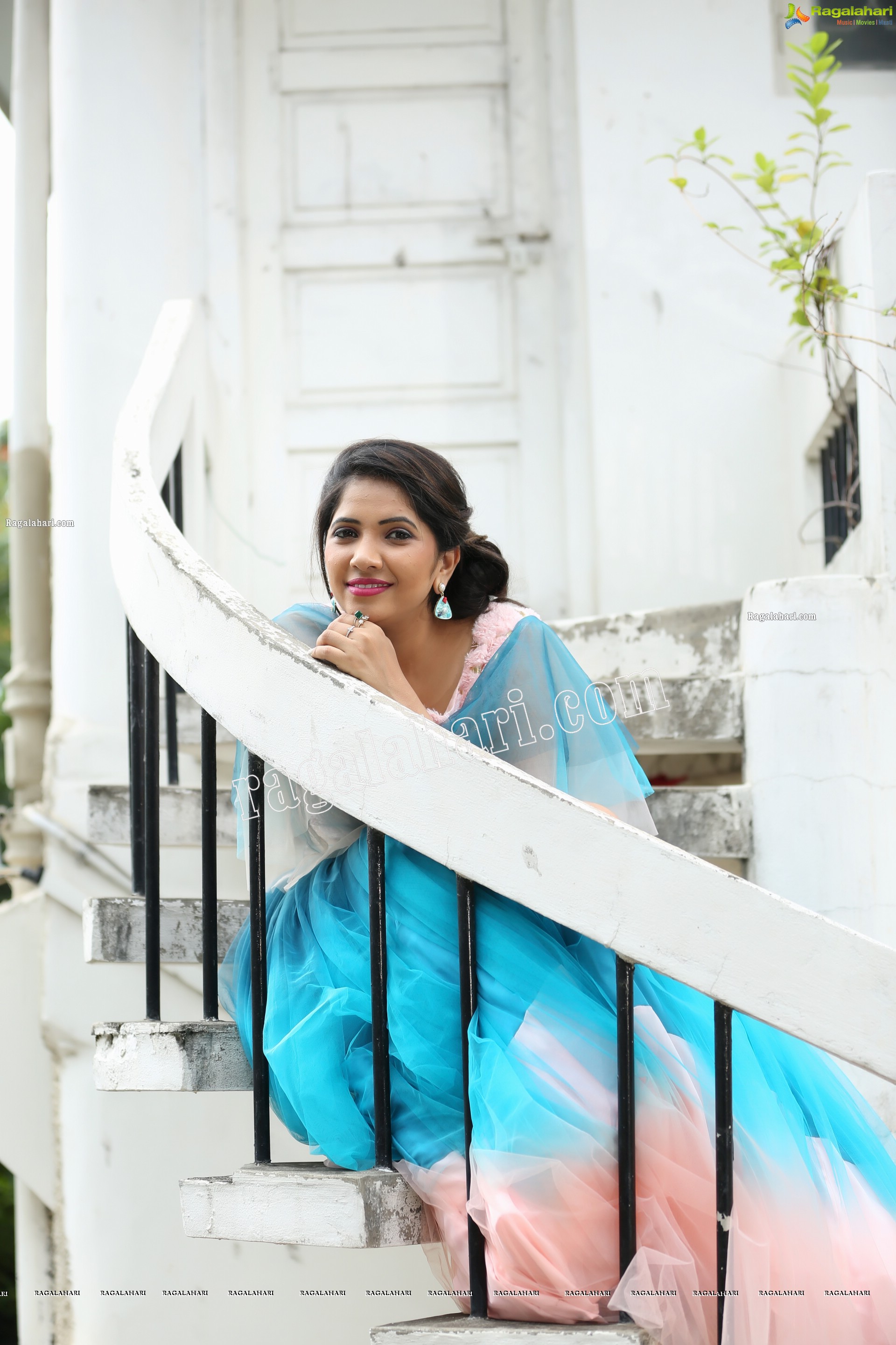 Indu in Bell Sleeves Pink Crop Top and Sky Blue Net Lehenga Exclusive Photo Shoot