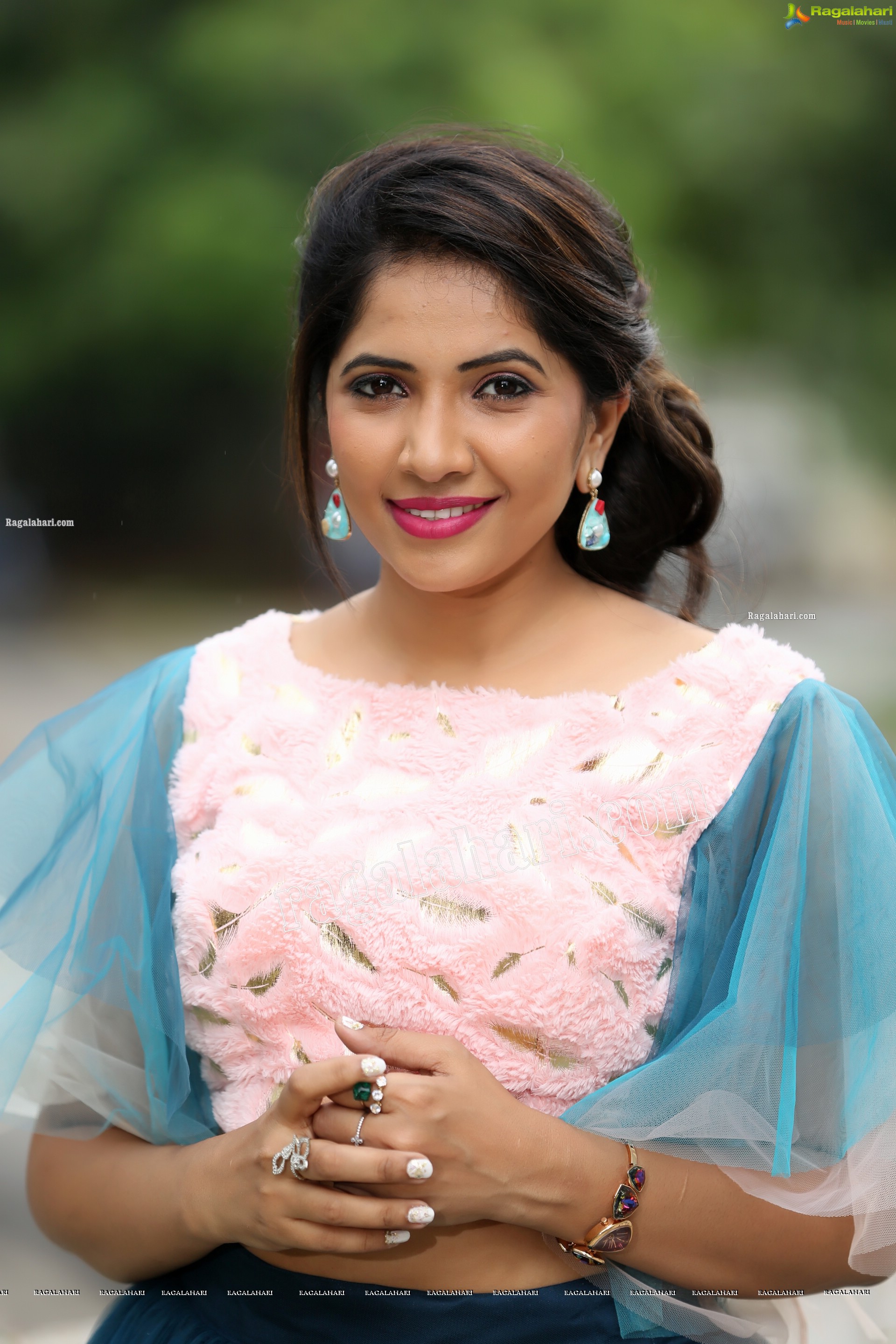 Indu in Bell Sleeves Pink Crop Top and Sky Blue Net Lehenga Exclusive Photo Shoot