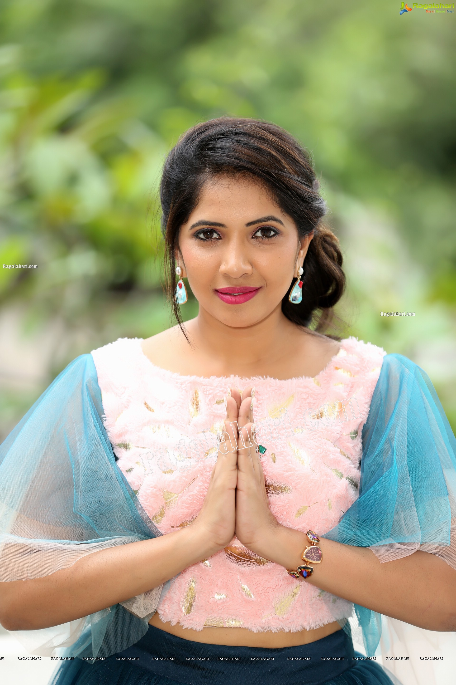 Indu in Bell Sleeves Pink Crop Top and Sky Blue Net Lehenga Exclusive Photo Shoot