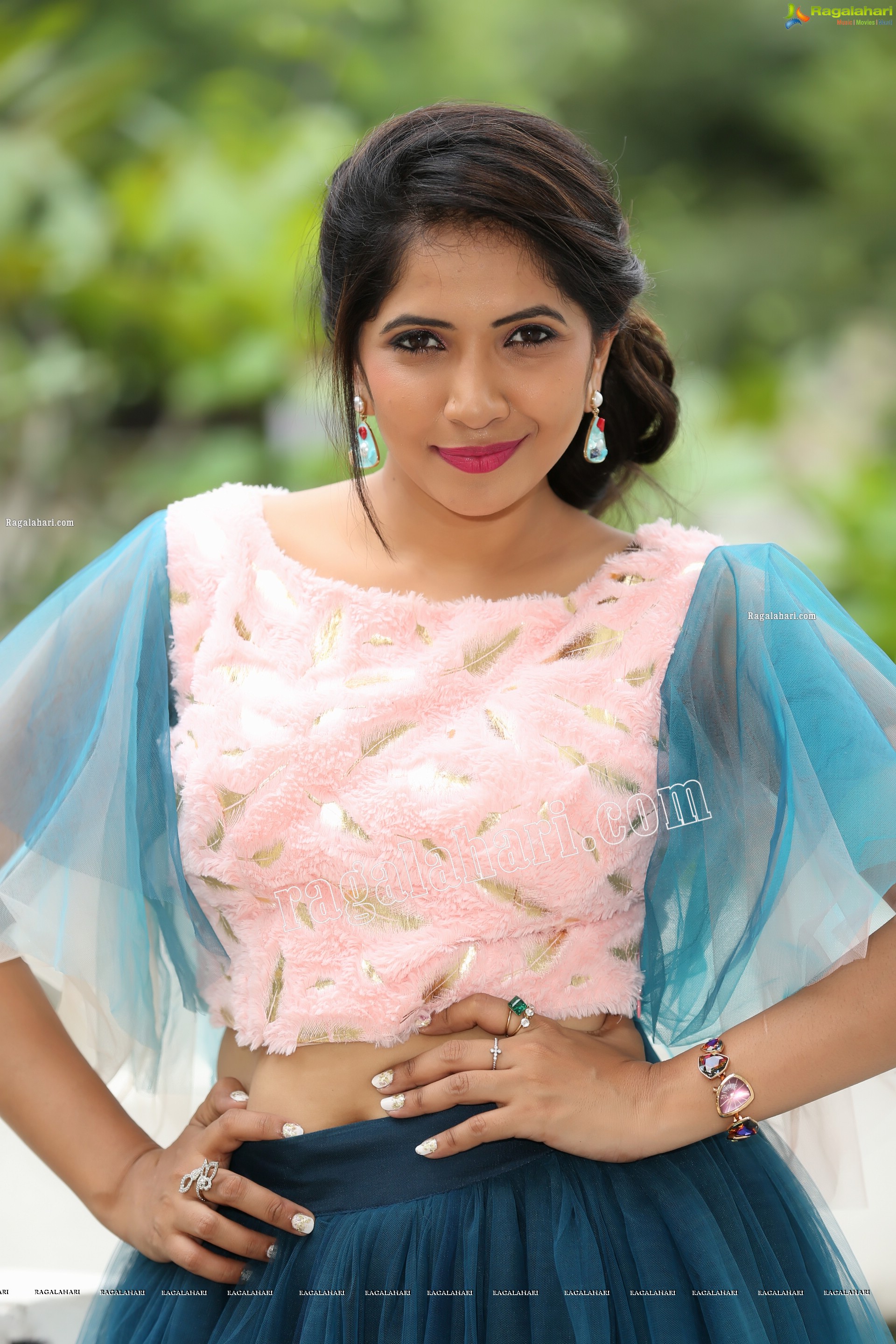 Indu in Bell Sleeves Pink Crop Top and Sky Blue Net Lehenga Exclusive Photo Shoot