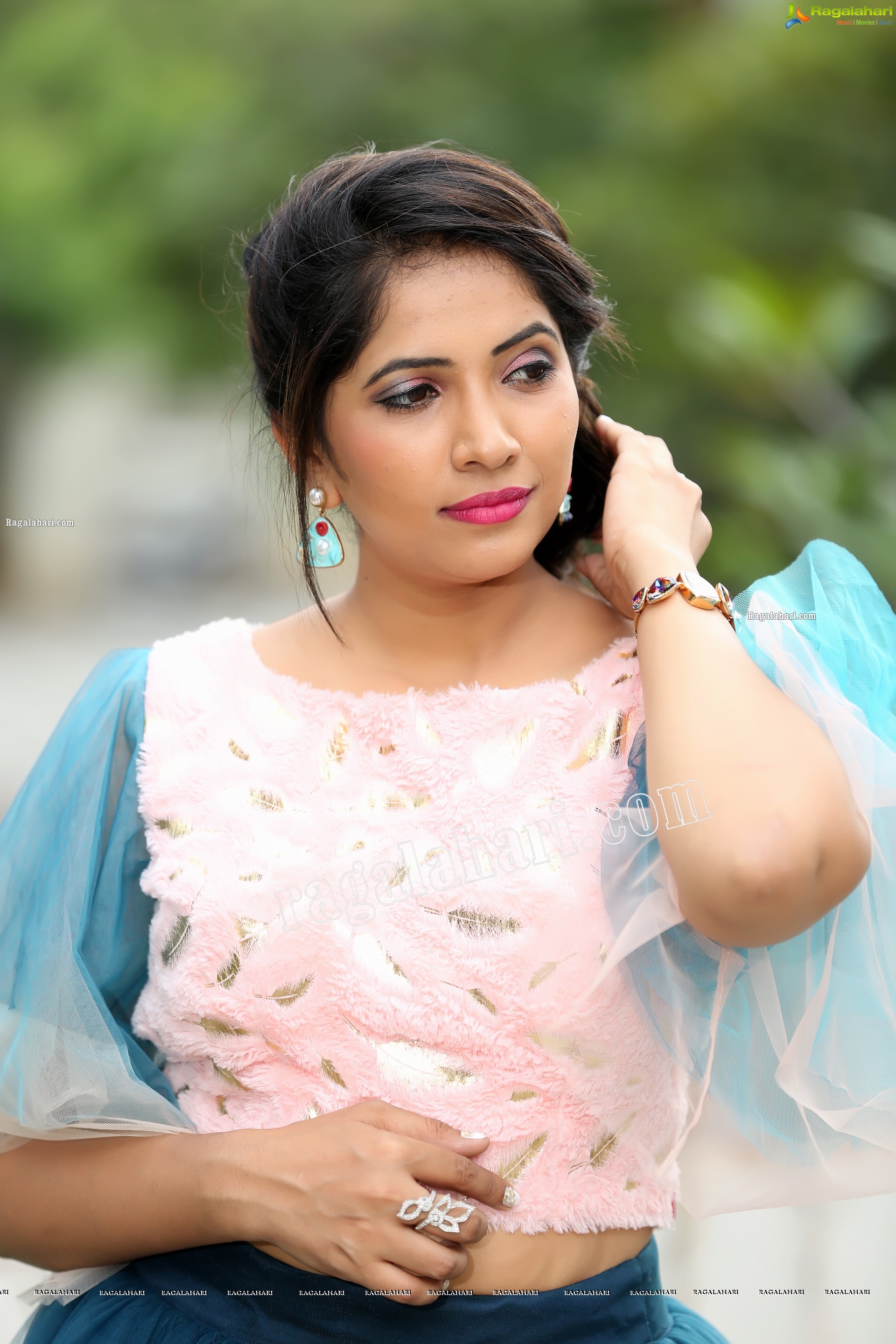 Indu in Bell Sleeves Pink Crop Top and Sky Blue Net Lehenga Exclusive Photo Shoot