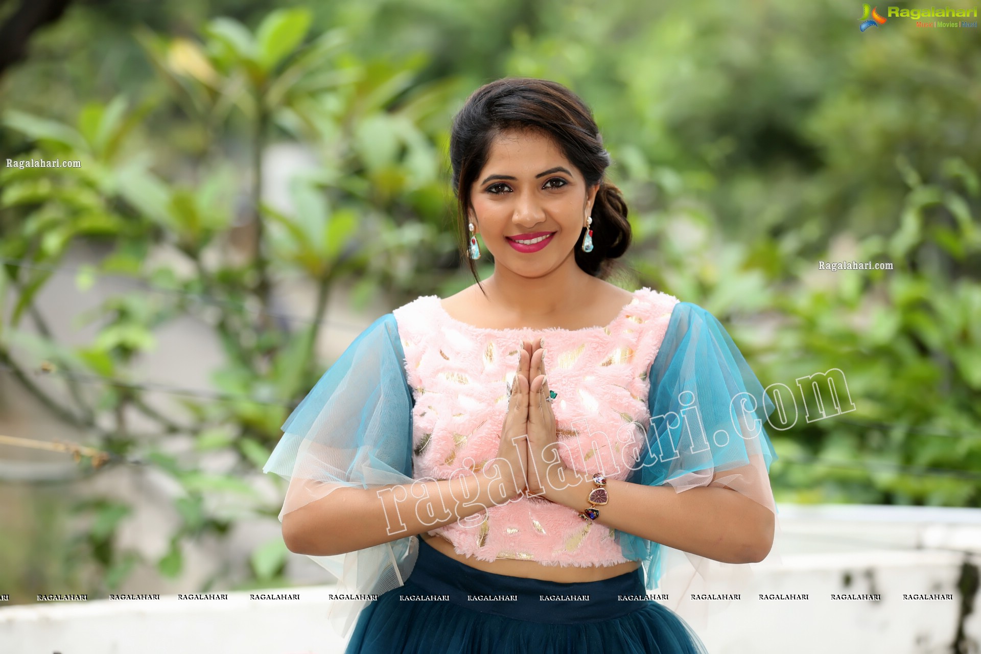 Indu in Bell Sleeves Pink Crop Top and Sky Blue Net Lehenga Exclusive Photo Shoot