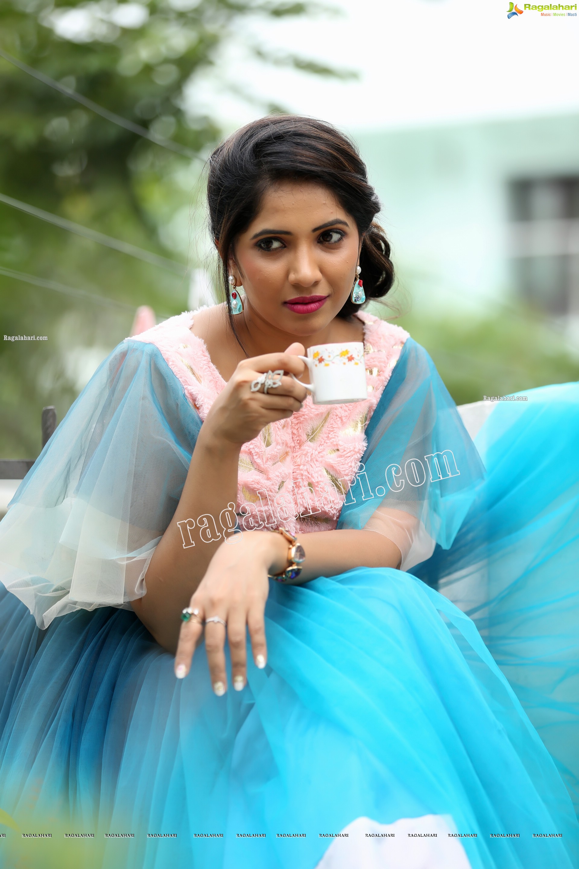 Indu in Bell Sleeves Pink Crop Top and Sky Blue Net Lehenga Exclusive Photo Shoot