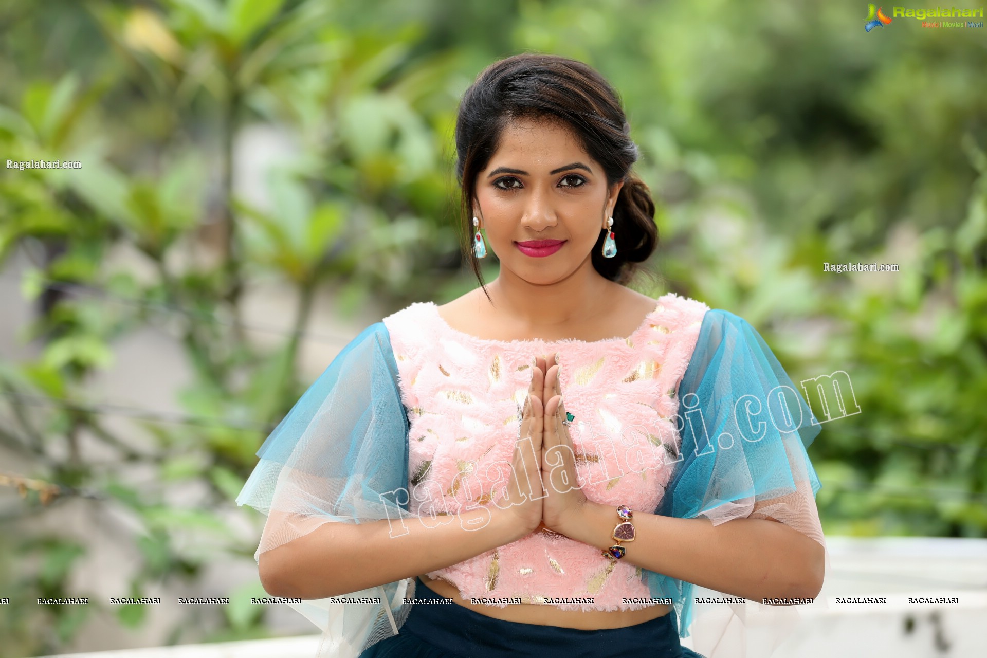 Indu in Bell Sleeves Pink Crop Top and Sky Blue Net Lehenga Exclusive Photo Shoot