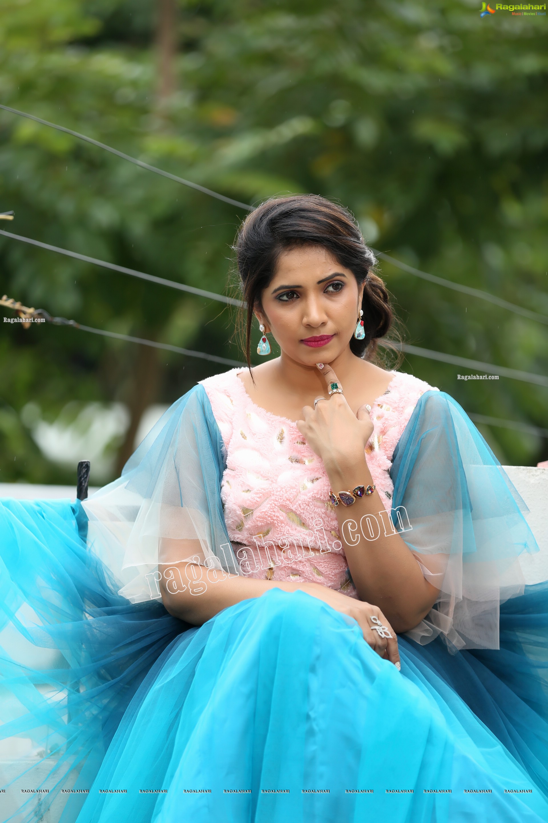 Indu in Bell Sleeves Pink Crop Top and Sky Blue Net Lehenga Exclusive Photo Shoot