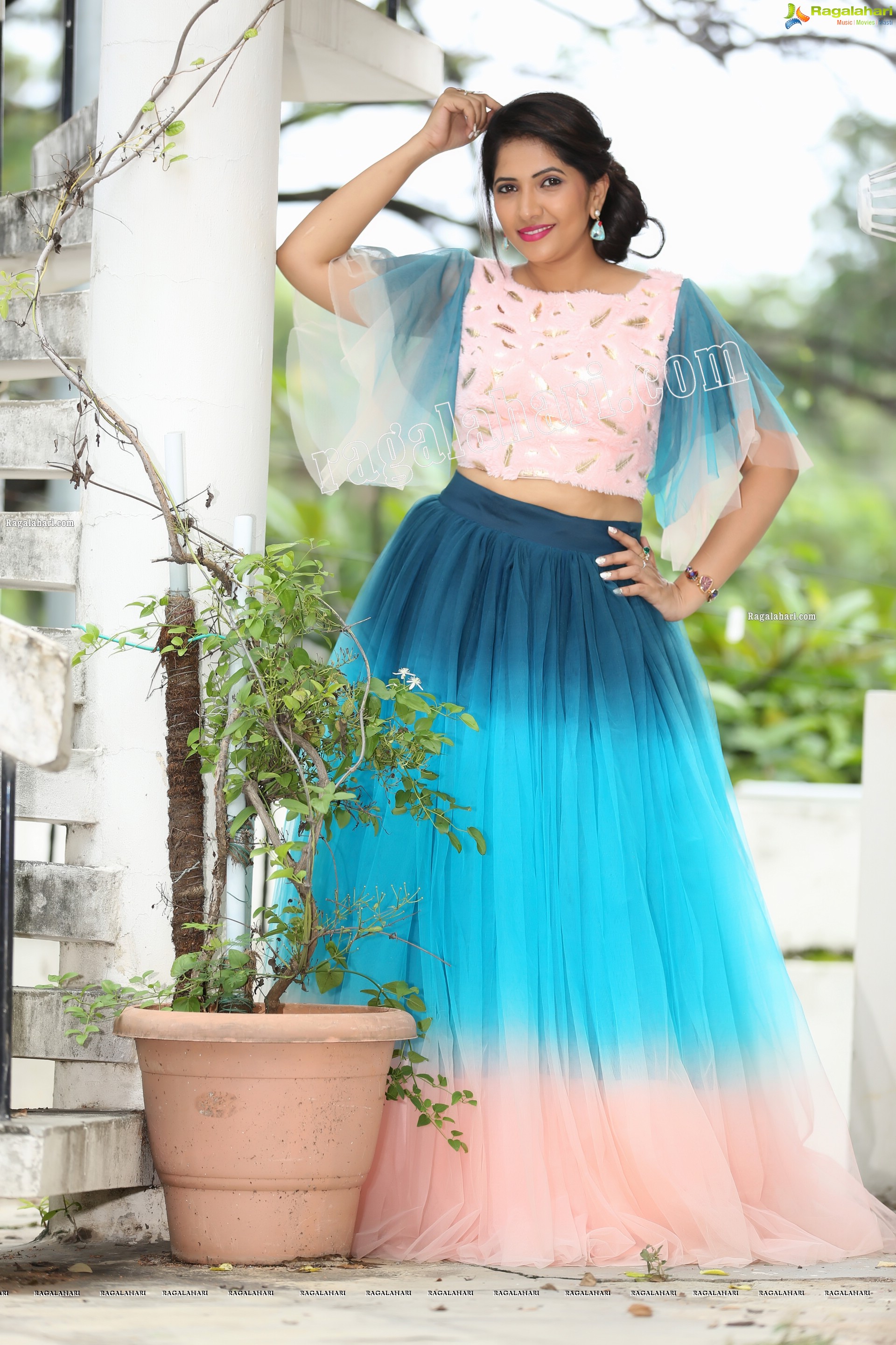 Indu in Bell Sleeves Pink Crop Top and Sky Blue Net Lehenga Exclusive Photo Shoot