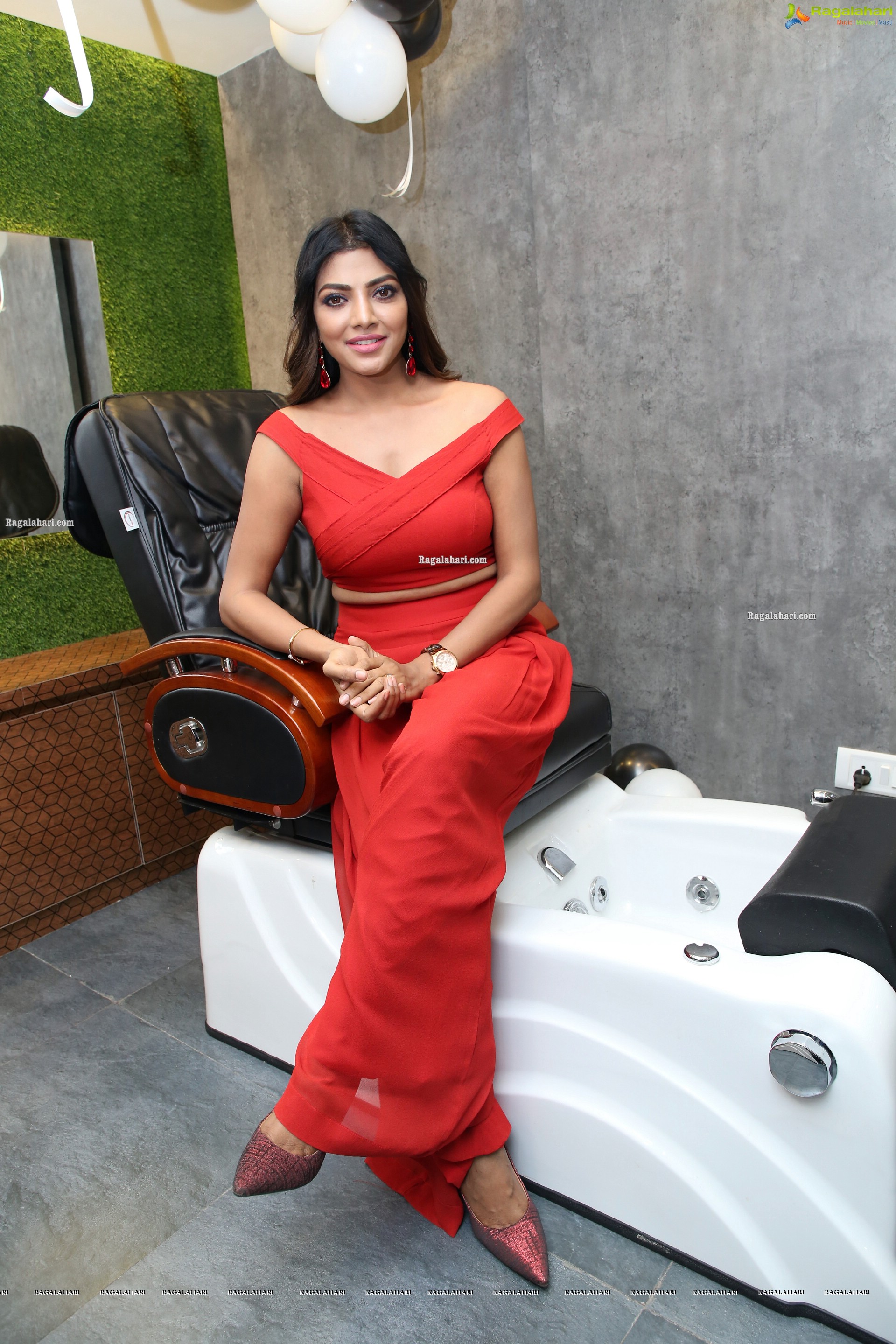 Lahari Shari in Cherry Red Bandage Bardot Crop Top and Palazzo Pants, HD Photo Gallery