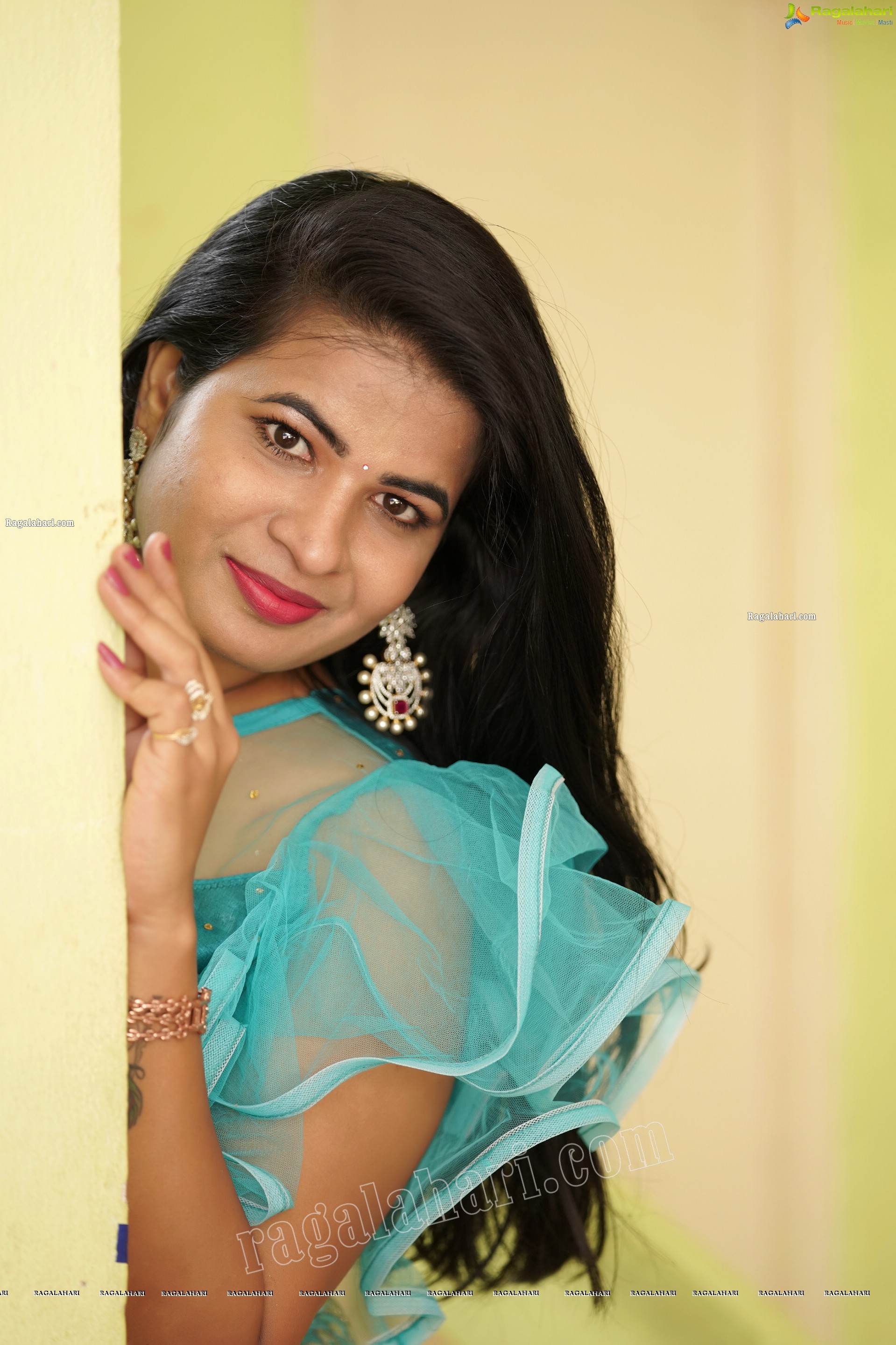 Anusha in Yellow Lehenga and Blue Crop Top, Exclusive Photoshoot