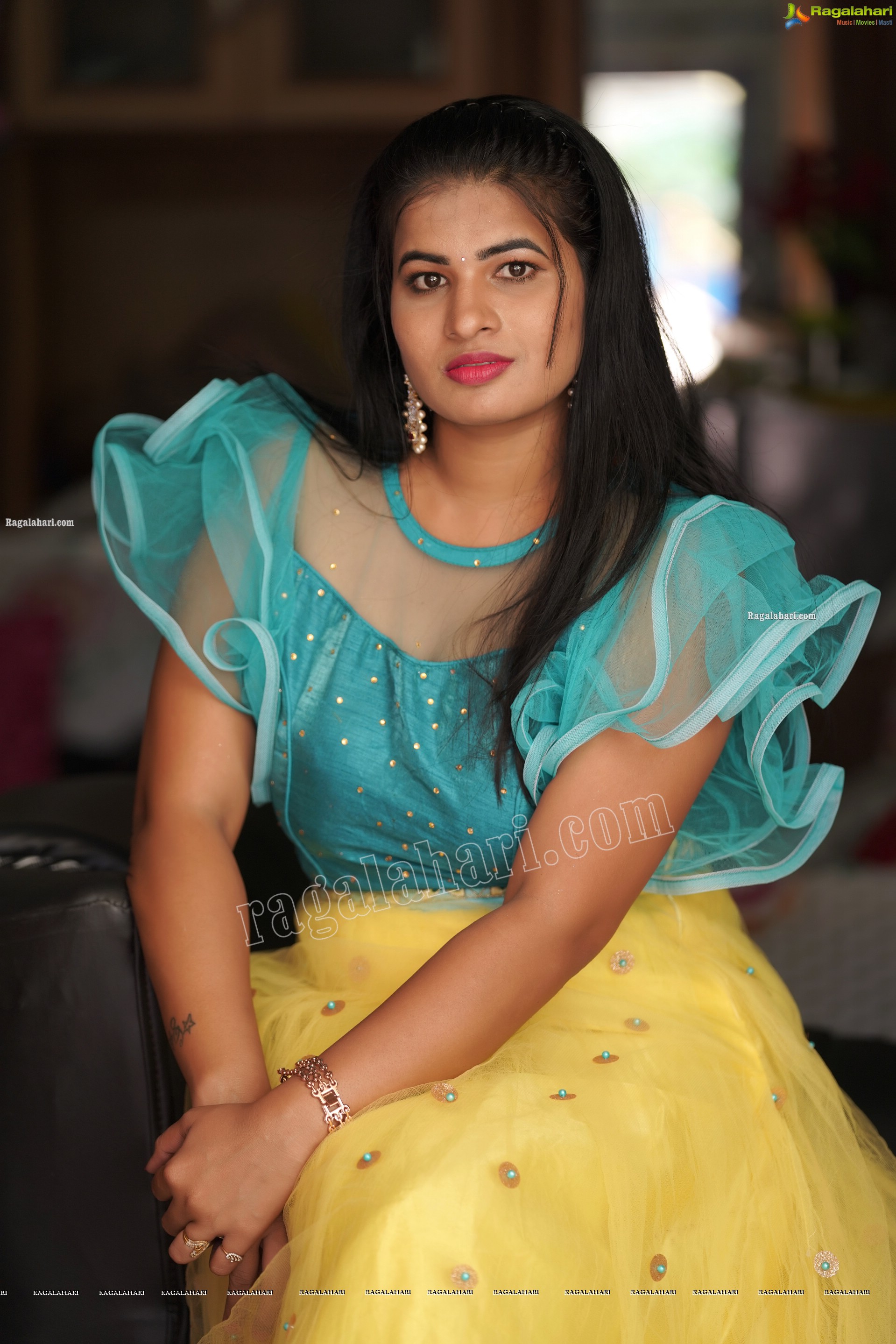 Anusha in Yellow Lehenga and Blue Crop Top, Exclusive Photoshoot