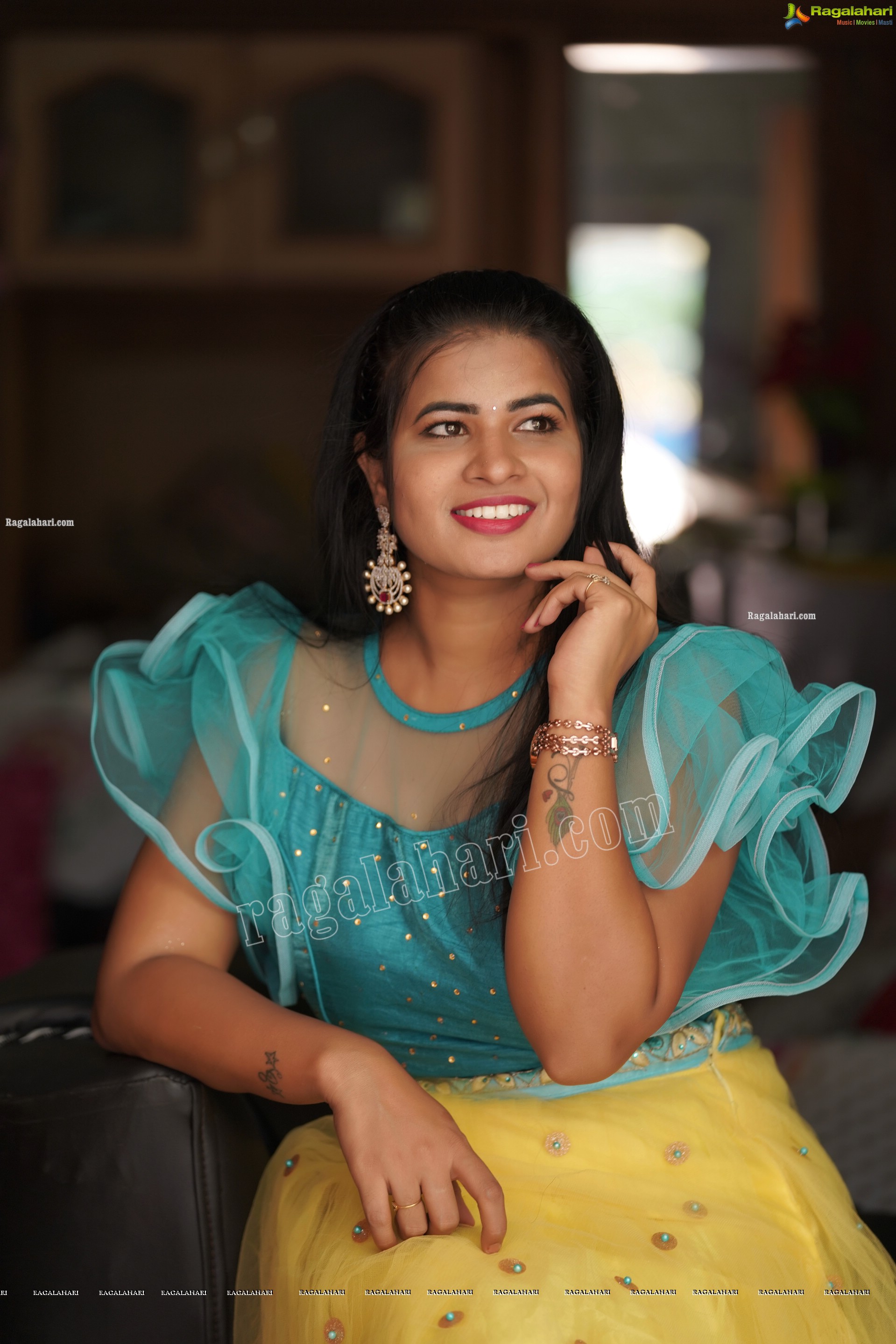 Anusha in Yellow Lehenga and Blue Crop Top, Exclusive Photoshoot