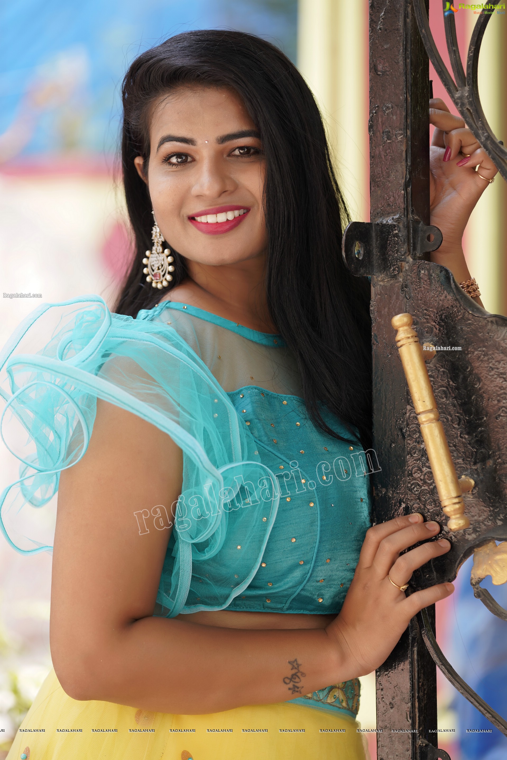 Anusha in Yellow Lehenga and Blue Crop Top, Exclusive Photoshoot