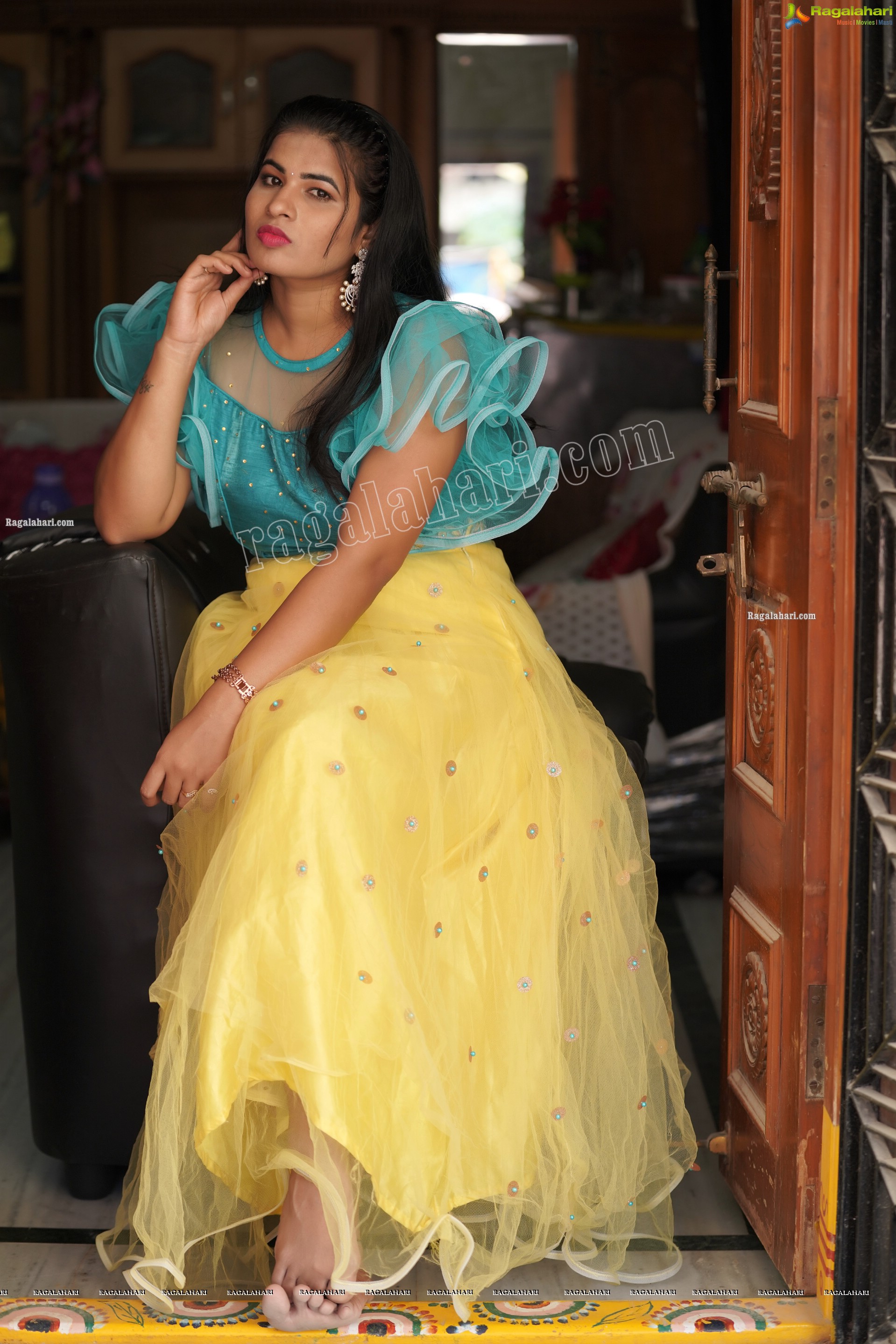 Anusha in Yellow Lehenga and Blue Crop Top, Exclusive Photoshoot