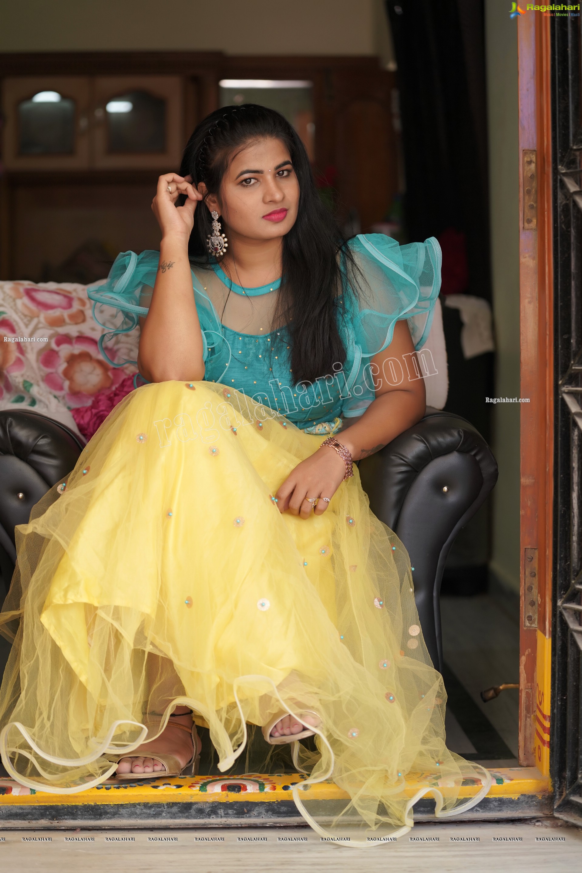 Anusha in Yellow Lehenga and Blue Crop Top, Exclusive Photoshoot