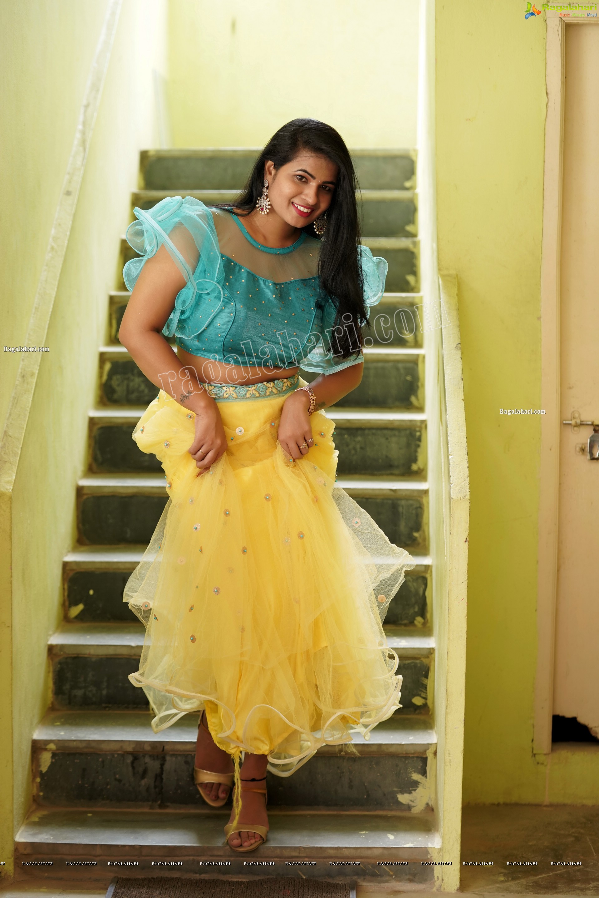 Anusha in Yellow Lehenga and Blue Crop Top, Exclusive Photoshoot