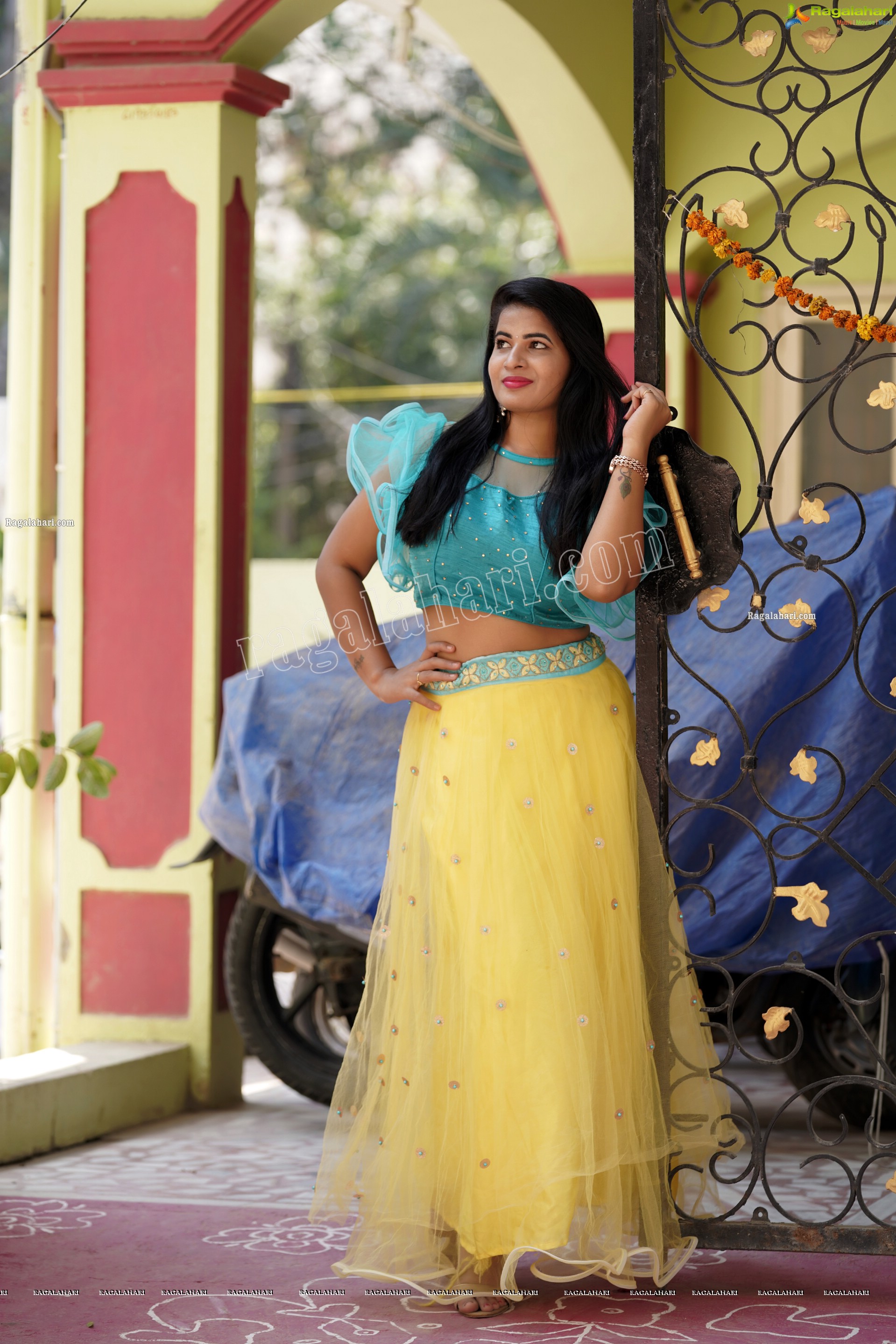 Anusha in Yellow Lehenga and Blue Crop Top, Exclusive Photoshoot