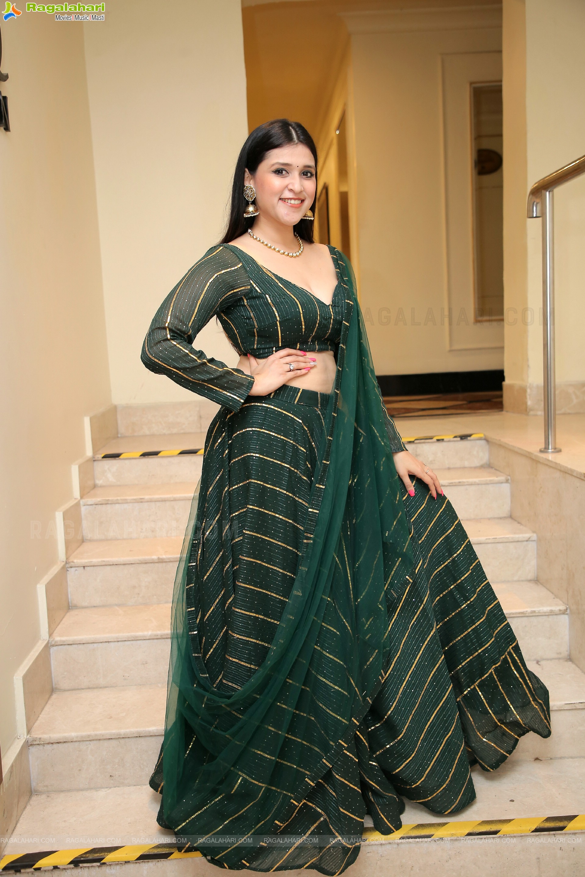 Mannara Chopra in Bottle Green Lehenga Choli, HD Photo Gallery