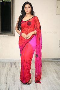 Anusri Aira Stills in Red Saree, HD Gallery